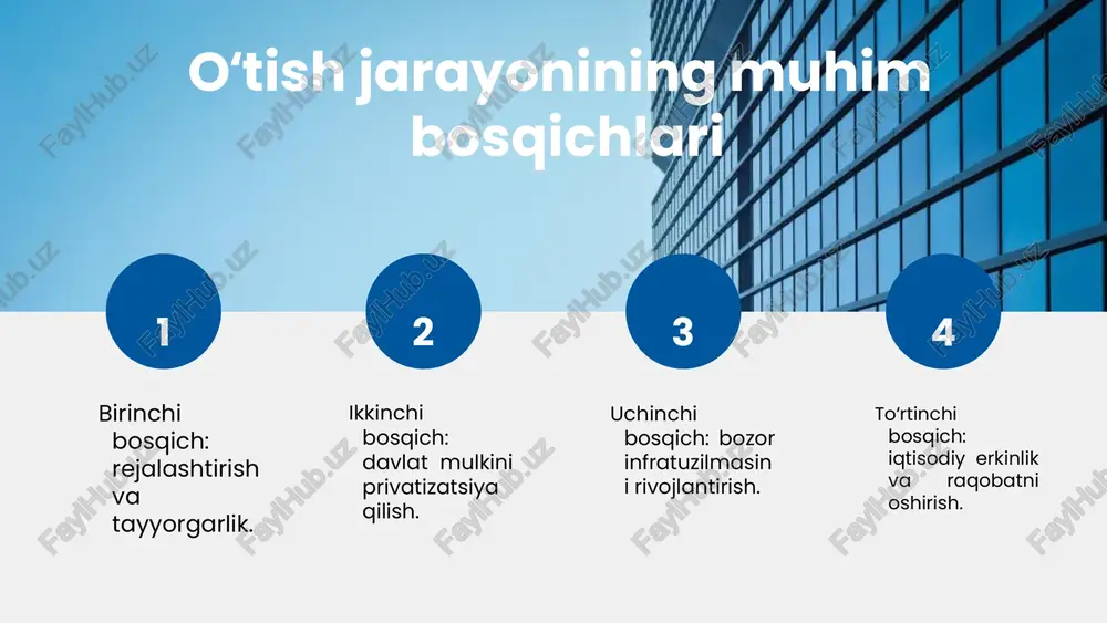 shtirish, xususiylashtirish va xorijiy investitsiyalarni jalb qilish. iqtisodiy o'zgarishlar: 1. xususiy sektorning rivojlanishi. 2. xorijiy investitsiyalarning ko'payishi. 3. mahalliy ishlab chiqarishning oshishi. 4. iste'mol bozorining kengayishi. bozor munosabatlari esa iqtisodiy o'zgarishlar natijasida shakllanadi. ular: 1. raqobat muhitining yaxshilanishi. 2. narxlar erkin belgilanishi. 3. iste'molchilar va ishlab chiqaruvchilar o'rtasidagi munosabatlarning mustahkamlanishi. iqtisodiy o'zgarishlar va bozor munosabatlari o'rtasidagi bog'lanish: iqtisodiy islohotlar bozorlarni shakllantiradi va ularning samaradorligini oshiradi. kelajakda o'zbekiston iqtisodiyotining rivojlanishi uchun: 1. innovatsion texnologiyalarni joriy etish. 2. ta'lim va malaka oshirishga e'tibor qaratish. 3. xalqaro hamkorlikni kengaytirish zarur. xulosa o'zbekistonning bozor iqtisodiyotiga o'tishi murakkab va ko'p qirralidir. bu jarayon quyidagi muhim bosqichlardan iborat: 1. **rejalashtirish:** bozor iqtisodiyotiga o'tishning asosiy strategiyalari belgilandi. 2. **privatizatsiya:** davlat mulklarini xususiy sektorga o‘tkazish jarayoni amalga oshirildi, bu esa tadbirkorlik faoliyatini rag'batlantirdi. 3. **bozor infratuzilmasini rivojlantirish:** savdo va moliya tizimlari, banklar va boshqa iqtisodiy institutlar yaratildi. 4. **iqtisodiy erkinlikning oshishi:** yangi qonunlar va regulatsiyalar kiritilib, tadbirkorlik uchun …