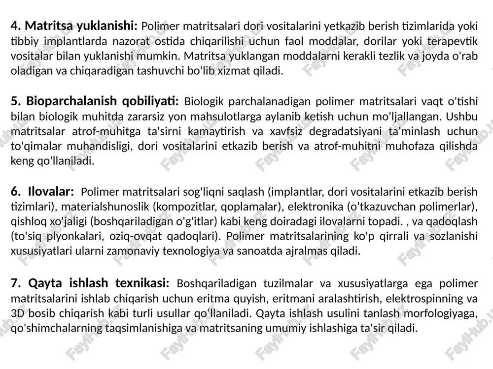 qo'lqoplarda terni yutish va qulay joylashishni ta'minlash uchun ishlatilishi mumkin. kamchiliklari: cheklangan sig'im: changni yutish polimer matritsalari suyuqlik uchun ma'lum bir sig'imga ega, bu esa tez-tez almashtirish zarurligiga olib kelishi mumkin. ko'p miqdordagi suyuqlikni qayta ishlashda samarasizlik: ko'p miqdordagi suyuqlik bo'lsa, changni yutish polimer matritsalari uni qayta ishlashga dosh berolmasligi mumkin. bakteriyalarni ko'paytirish imkoniyati: changni yutish polimer matritsalaridan uzoq vaqt foydalanish bilan bakteriyalarning ko'payishi mumkin, bu esa yuqumli kasalliklarga olib kelishi mumkin. allergik reaktsiyalar xavfi: ba'zi odamlar changni yutish polimer matritsalarida ishlatiladigan materiallarga allergik reaktsiyaga duch kelishlari mumkin. kiyishning noqulayligi: ba'zi foydalanuvchilar changni yutish polimer matritsalaridan foydalanganda noqulaylik yoki noqulaylikni his qilishlari mumkin. yuqori haroratdagi samarasizlik: changni yutish polimer matritsalari yuqori haroratlarda samarasiz bo'lishi mumkin.yuqori narx: ba'zi changni yutish polimer matritsalarini doimiy ravishda ishlatish ancha qimmat bo'lishi mumkin. chidamlilik etarli emas: changni yutish polimer matritsalari ishlab chiqarilgan materiallarning sifatiga qarab, ularning chidamliligi pasayishi mumkin. hidning tarqalishi: ba'zi hollarda changni yutish …