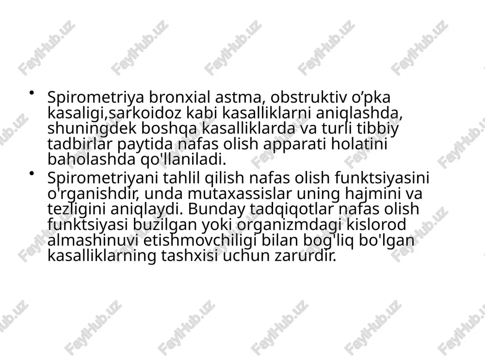 n mahkam yoping. sekin-asta iloji boricha chuqurroq nafas oling, markaziy ustundagi piston tibbiy yordam ko'rsatuvchi tomonidan belgilangan maqsadga etguncha. nafasingizni kamida 5 soniya ushlab turing, so'ngra piston spirometrning pastki qismiga tushguncha nafas oling. bir necha soniya davomida dam oling va soatiga kamida 10 marta takrorlang. har 10 nafasdan so'ng o'pkangizni har qanday suyuqlik to'planishidan tozalash uchun yo'talish yaxshi bo'ladi. e’tiboringiz uchun rahmat! image1.jpeg image2.jpeg image3.jpeg image4.jpeg 2. inhale 1. belly out 2. exhale 1. belly in /docprops/thumbnail.jpeg marzsespiromotiva otchash usuli hagida «1spicometriya rime? +» 2spiromotriyadan foydatanigh gud asi + 9spiromettiyaring ahamiyati fagida
