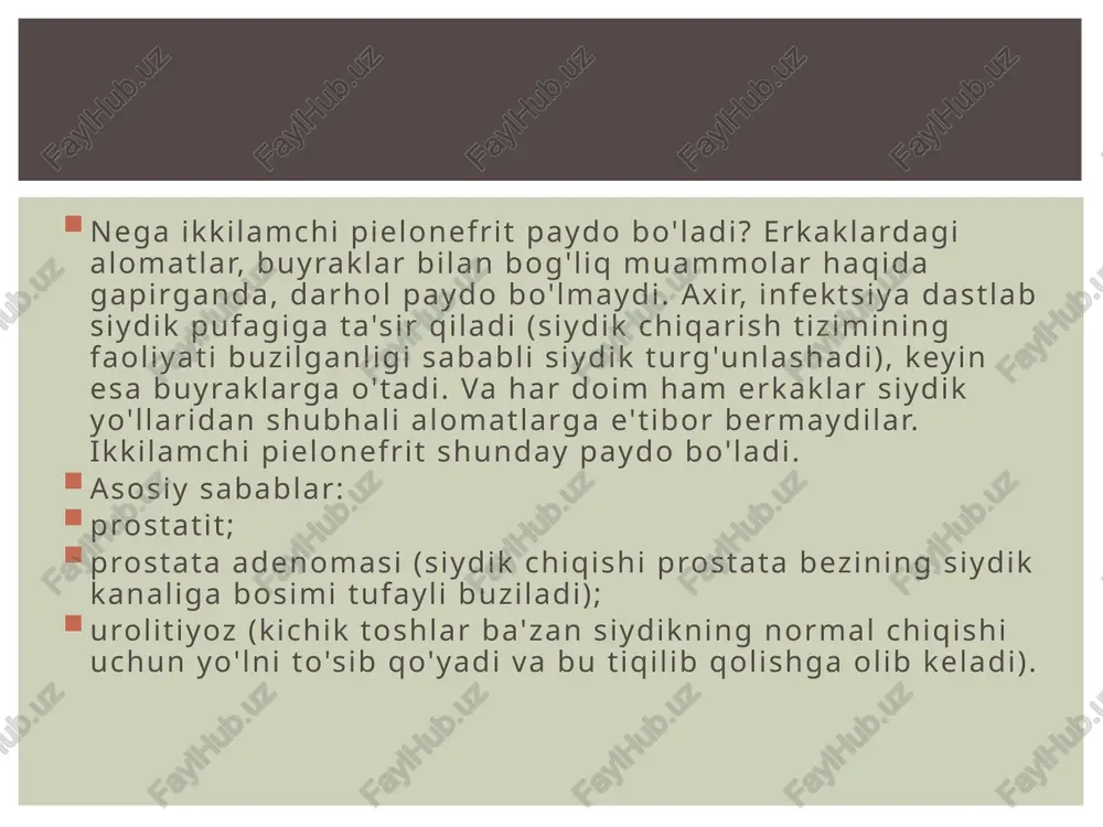 klar yoki yaqinda o’tgan o’tkir yiringli jarayonlar mavjud bo’ladi. klinik tasvir pieltonefrit uchun xos bo’lgan isitma va bel og’riqlari (ko’pincha bir tomonlama), og’riqli siyish va siydikning o’zgarishidan iborat. siydik xira yoki qizg’ish tusli bo’ladi, o’ziga xos badbo’y hidi mavjud. tashxisni laboratorik tasdiqlash uchun siydikda bakteriyalar va kichik miqdorda oqsil aniqlanishi xizmat qiladi. kasallik qo’zg’atuvchisini aniqlash uchun siydik namunasini bakteriyal ekish o’tkaziladi. o’tkir yallig’lanish mavjudligini umumiy qon tahlilida leykotsitoz va echtning oshganligi ko’rsatadi. maxsus test to’plamlari yordamida yallig’lanishiga olib kelgan mikroflora aniqlanadi. keng ko’lamli urografiya o’tkazilganda bir buyrakning hajmi kattalashgani seziladi. ekskretor urografiya ortoproba o’tkazilganda buyrak harakatchanligining keskin cheklanganligini ko’rsatadi. apostematozli pielonefritda zararlangan tomonda sekretor funktsiyasining kamayishi kuzatiladi (siydik yo’llarining soyasi kechikadi yoki kuzatilmaydi). karbunkul yoki abstsessda ekskretor urogrammada buyrak konturida bo’rtishlar, jom va kosachalarida siqilish va deformatsiyalar aniqlanadi. pyelonefritdagi tizimli o’zgarishlarning tashxisi buyraklarning ultratovush tekshiruvi yordamida amalga oshiriladi. buyraklarning konsentratsiya qobiliyati zimntskiy testi yordamida baholanadi. buyrak-tosh kasalliklari va anatomik anomaliyalarni …