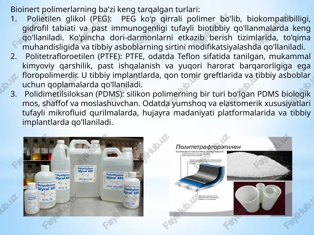 l afzalliklarni taklif qilsa-da, ular hali ham ba'zi dasturlarda ba'zi kamchiliklar va cheklovlarga ega bo'lishi mumkin. quyidagi bioinert polimerlarning ba'zi potentsial kamchiliklari: poli (metil metakrilat) (pmma): 1. mo'rtlik: pmma nisbatan mo'rt bo'lishi mumkin, bu esa uni ma'lum sharoitlarda sinishga moyil qiladi. 2. yomon zarba qarshiligi: pmma cheklangan zarba qarshiligiga ega bo'lishi mumkin, bu mexanik kuch juda muhim bo'lgan ilovalarda tashvish tug'dirishi mumkin. 3.allergik reaktsiyalar uchun potentsial:ba'zi odamlarda allergik reaktsiyalar yoki terining pmma ga sezgirligi bo'lishi mumkin. polisulfon (psu) va polietersulfon (pes): 1. narxi: psu va pes boshqa polimer variantlariga nisbatan qimmatroq bo'lishi mumkin, bu ularning ma'lum ilovalarda keng qo'llanilishiga ta'sir qilishi mumkin. 2. qayta ishlash muammolari: ushbu polimerlar maxsus ishlov berish usullarini talab qilishi mumkin, bu esa ishlab chiqarish jarayonlariga murakkablik va xarajat qo'shishi mumkin. polietilen (pe): 1. past haroratga chidamlilik: pe yuqori haroratga nisbatan cheklangan qarshilikka ega bo'lishi mumkin, bu esa uni termal barqarorlikni talab qiladigan dasturlarda ishlatishni cheklashi …