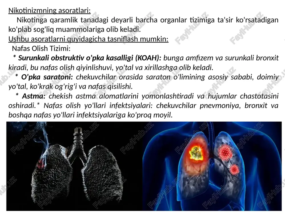 xastaligi va insult xavfi yuqori, ayniqsa ular og'iz kontratseptivlaridan foydalansa yoki postmenopozal bo'lsa. * ruhiy salomatlik: ayollar erkaklarga qaraganda nikotinni olib tashlash belgilari sifatida tashvish va depressiyani ko'proq boshdan kechirishadi. * otoimmun kasalliklar: ba'zi tadqiqotlar chekish va ayollarda ko'proq tarqalgan romatoid artrit va qizil yuguruk kabi otoimmun kasalliklarni rivojlanish xavfi o'rtasidagi bog'liqlikni ko'rsatadi. xulosa o’smirlar: rivojlanayotgan miya: o'smirlik davrida nikotin ta'sir qilish miya rivojlanishini buzadi, ayniqsa o'rganish, xotira, impulsni boshqarish va kayfiyatni tartibga solish uchun mas'ul bo'lgan sohalarda. bu uzoq muddatli kognitiv va xulq-atvor muammolariga olib kelishi mumkin, bu esa akademik ko'rsatkichlar va ruhiy salomatlikka ta'sir qiladi.* giyohvandlikning zaifligi: o'smir miyasi giyohvandlikka ko'proq moyil bo'lib, nikotinga bog'lanishni osonlashtiradi va undan chiqishni qiyinlashtiradi. tashvishlar:* saraton xavfining ortishi: o'smirlar ham, ayollar ham nikotin ta'sirida turli xil saraton kasalliklari, jumladan o'pka, bosh va bo'yin, oshqozon osti bezi, siydik pufagi va kolorektal saraton xavfi yuqori.* nafas olish muammolari: nikotinning nafas olish tizimiga ta'siri o'smirlarga …