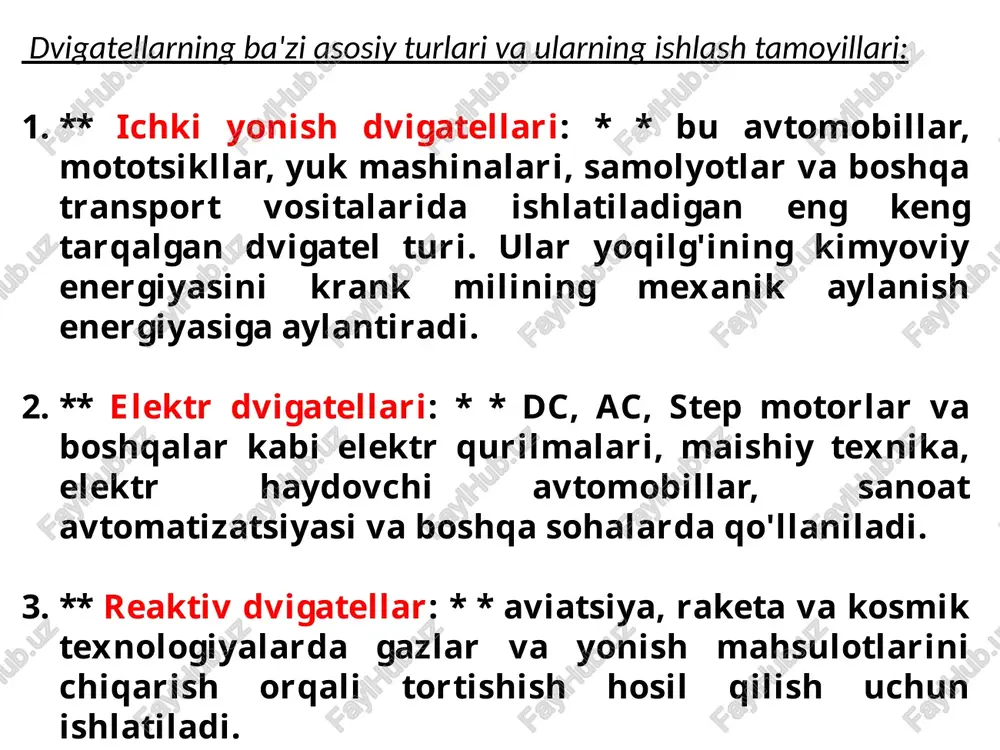 ch, nemis dizayneri nikolas otto yanada rivojlangan 4 zarbali gaz dvigatelini yaratdi. shu 1876 yilda shotlandiyalik muhandis dugald klark birinchi muvaffaqiyatli 2 zarbli dvigatelni sinovdan o'tkazdi. ichki yonish dvigatelini takomillashtirish bilan ko'plab muhandislar va mexaniklar shug'ullanishgan. shunday qilib, 1883 yilda nemis muhandisi karl benz keyinchalik foydalangan 2 zarbali ichki yonish dvigatelini ishlab chiqardi. 1897 yilda uning vatandoshi va muhandis rudolf dizel silindrdagi ishchi aralashmani havoni siqishdan yoqib yuboradigan, keyinchalik dizel deb nomlangan ichki yonish dvigatelini taklif qildi. xx asrda dvs avtomobil transportida asosiy dvigatelga aylandi. 1970-yillarda barcha mavjud ichki yonish dvigatellarining umumiy quvvatining deyarli 80 foizi transport mashinalariga (avtomobillar, traktorlar va boshqalar) to'g'ri kelgan. shu bilan bir vaqtda gidroelektr stansiyalarida ishlatiladigan gidroturbinalar takomillashtirildi. ularning quvvati 1970-yillarda 600 mvt dan oshdi. xx asrning birinchi yarmida yangi turdagi birlamchi dvigatellar yaratildi: gaz turbinalari, reaktiv dvigatellar, 1950-yillarda esa yadroviy kuch qurilmalari. birlamchi dvigatellarni takomillashtirish va ixtiro qilish jarayoni davom etmoqda. kontaktsiz dvigatel - …