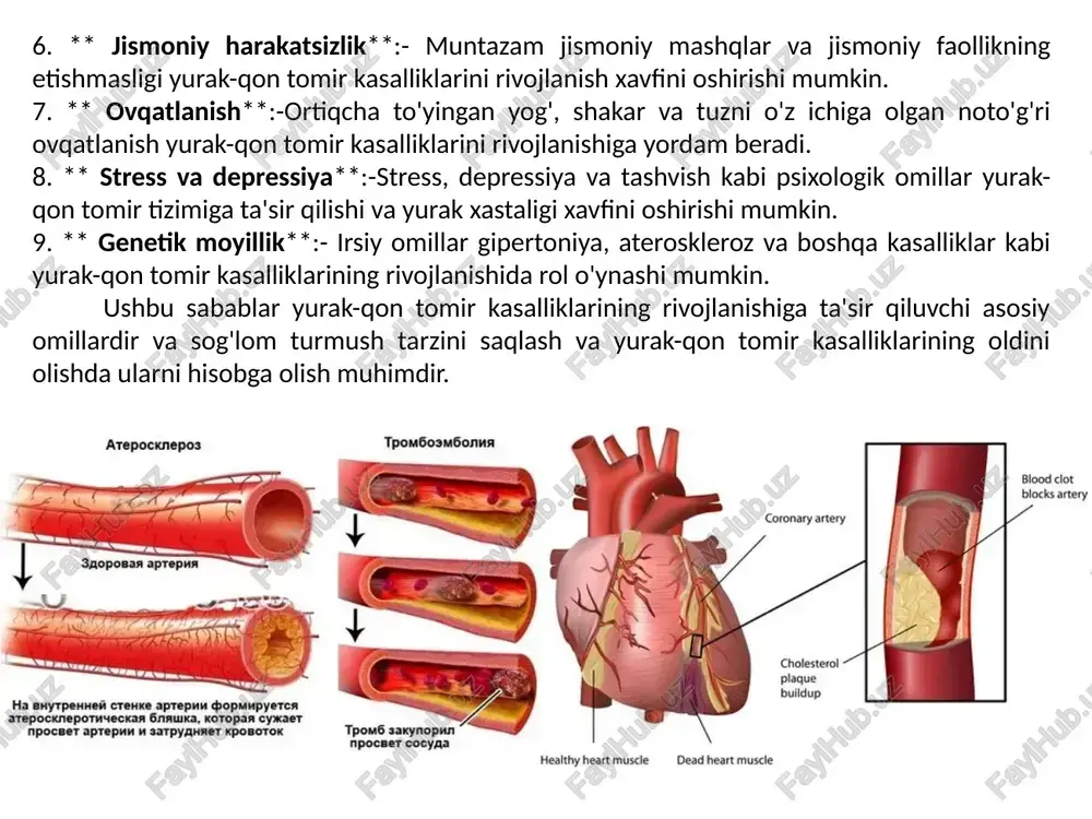 o'ldirilgan stentlar**:- ushbu stentlar protseduradan keyin arteriyalarning regressiyasi va restenozining oldini olishga yordam beradigan maxsus dori qoplamasi bilan qoplangan. ** biostentlar**:- tanada eriydigan va shu bilan birga oqimni saqlash funktsiyasini bajaradigan materiallardan tayyorlangan. ** kengaytiriladigan stentlar**:- ular tomir yoki arteriyaga kirish bosqichida siqishni boshqarishi va keyin oqimni saqlash uchun kengaytirilishi mumkin. tibbiyotda stentlardan foydalanish: ** koronar angioplastika**:- stentlar koronar arteriya kasalligi bo'lgan bemorlarda toraygan koronar arteriyalarda lümenni tiklash va saqlash uchun ishlatiladi. ** periferik angioplastika**:- oyoqlarda, qo'llarda yoki boshqa ekstremitalarda toraygan yoki bloklangan arteriyalarni kengaytirish uchun ishlatiladi. ** koronar arteriyalarni stentlash**:- koronar yurak kasalligi, angina pektorisi va miokard infarktini davolash uchun ishlatiladi. ** aorta artroplastikasi**:- stentlar anevrizma yoki boshqa aorta patologiyalarini tuzatish uchun ishlatilishi mumkin. stentlash samarali va minimal invaziv protsedura bo'lib, arteriyalarda normal qon oqimini tiklashga va yurak xuruji va boshqa jiddiy asoratlar xavfini kamaytirishga yordam beradi. yurak qon-tomir kasalliklariga chalinmaslik uchun muntazam qilinadigan ishlar. sog'lom turmush tarzini saqlang: …