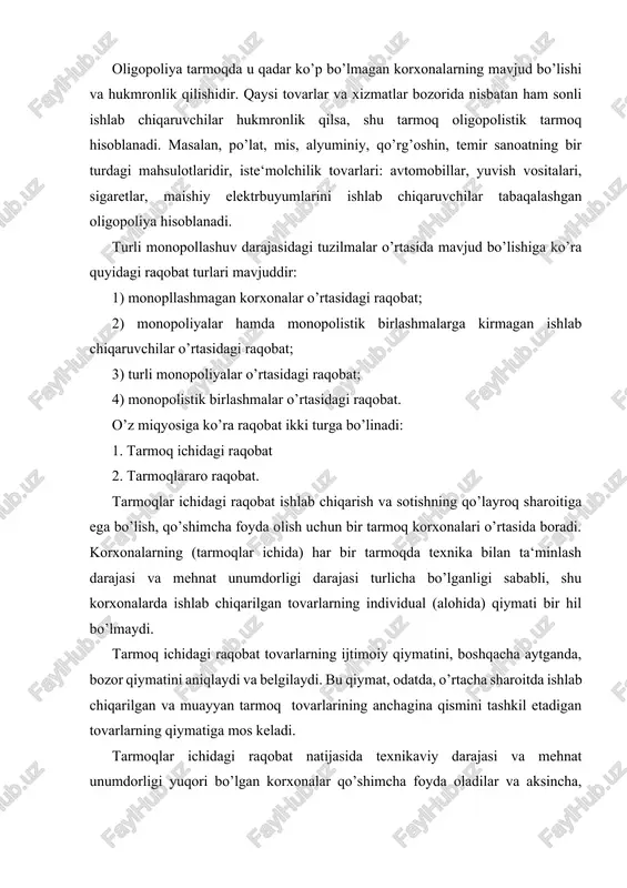 raqobat. narx vositasida raqobatlashuvda kurashning asosiy usuli bo’lib, ishlab chiqaruvchilarning o’z tovarlari narxini boshqa ishlab chiqaruvchilarning shunday mahsulotlari narxiga nisbatan pasaytirishi hisoblanadi. narx vositasida raqobatlashish usullaridan biri – demping – narxlarni qo’llashdir. bunda milliy ishlab chiqaruvchilar o’zlarining tovarlarini boshqa mamlakatlarga ichki bozordagi narxlardan, ayrim hollarda tannarxidan ham past bo’lgan narxlarda sotadi. narxsiz raqobat shu bilan tavsiflanadiki, bunda raqobat kurashning asosiy omili tovarlarning narxi emas, balki uning sifati, servis xizmat ko’rsatish, ishlab chiqaruvchi firmaning obru-e‘tibori hisoblanadi. narxsiz raqobat usullari ichida marketing muhim ahamiyatga ega bo’lib, u mahsulot ishlab chiqarish va sotish jarayonini talabga moslashtiruvchi tadbirlar tizimidan iborat. 2-savol. monopoliyalarning iqtisodiy asosi va ularning turlari “monopoliya” atamasining kelib chiqishi bozorga oid tushunchalardan (ya‘ni, grekcha “monos” – yagona, bitta, va “poleo” - sotaman) tarkib topadi, biroq uning iqtisodiy asoslari aslida ishlab chiqarishga borib taqoladi. monopoliya – monopol yuqori narxlarni o’rnatish hamda monopol yuqori foyda olish maqsadida tarmoqlar, bozorlar va yaxlit makroiqtisodiyot ustidan hukmronlikni …