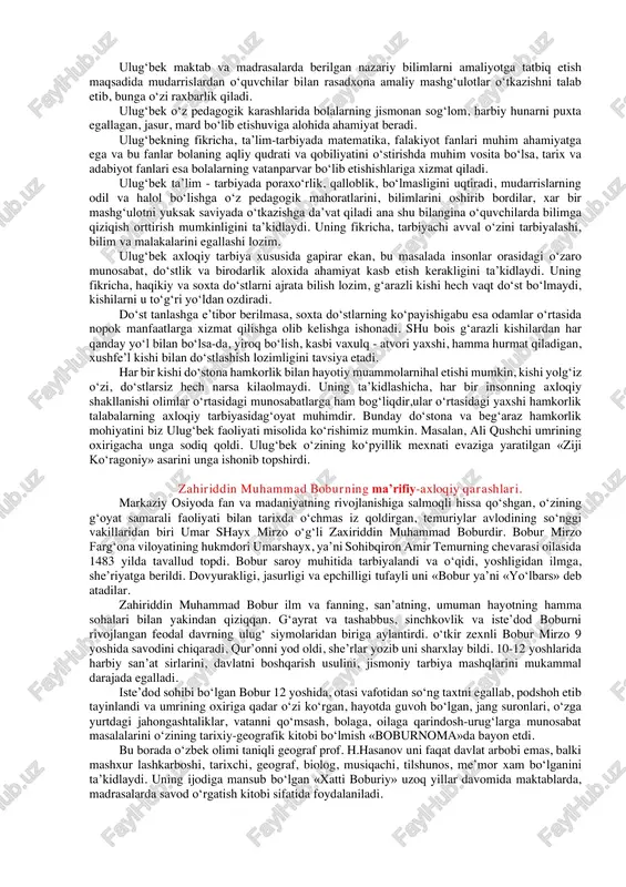 y – ulug‘bek 1394 yiliing 22 martida eronning g‘arbidagi sultoniya shaxrida (bobosi soxibqiron amir temurning xarbiy yurishi paytida) tavallud topdi. u shoxrux mirzoning to‘ng‘ich o‘g‘li bo‘lib, unga muhammad tarag‘ay deb ism berildi. lekin uni bobosi alohida mehr bilan ulug‘bek deb atayvergani uchun uning asosiy ismi ulug‘bek bo‘lib qoladi va u jahonga shu nom bilan shuhrat tarqatadi. ulug‘bekning bolalik yillari bobosi temurning harbiy yurishlari davriga to‘g‘ri keladi. ulug‘bekning tarbiyasi bilan buvisi saroymulkxonim shug‘ullanib, sevimli nabirasiga o‘qish-yozishni o‘rgatgani, tarixiy mavzularda hikoya va rivoyatlar so‘zlab bergani uning hayotida o‘ziga xos maktab bo‘ldi. o‘rta asrlardan saqlanib qolgan kitoblardan ma’lum bo‘lishicha, saltanatga vorislar davlatni boshqarishda muayyan tartib-qoidalar bayon qilingan qo‘llanmalar asosida tayyorlangan. shulardan biri shahzodalar va xonzodalar bilishi zarur bo‘lgan «suluk ul-mulk» (podshohlarga qo‘llanma) kitobidir. ulug‘bek ham an’anaga ko‘ra mazkur kitobni mukammal o‘rganadi va unda ko‘rsatilgan davlatni idora qilish san’ati, turli lavozimlar egallash, boshqa yurtlardan kelgan elchilarni qabul qilish, xayri- ehson, sadaqa berish kabi tartib-qoidalar …