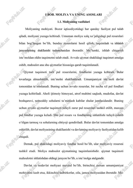 ing taqsimlanishi pul fondi va resurslarning ishlatilishi tufayli moliya mahsulotlarni taqsimlash, shaxslar va jamoalarni rag’batlantirish, aholining ijtimoiy himoyalanishini amalga oshirish, iqtisodiy axborot kabilarda o’z aksini topadi. taqsimlash vazifasi milliy mahsulot, milliy daromadning pul fondlari shakllanishi asosida taqsimlani-shidan iboratdir. birlamchi va qayta taqsimlash mavjud. bevosita ishlab chiqarishdagi taqsimlash birlamchidir, bundan keyingi taqsimlanish qayta taqsimlashdan iboratdir. aytaylik, ish xaqi, foyda, ijtimoiy sug’urta, amortizatsiya kabi fondlarga bo’linish birlamchi taqsimotga kiradi. soliqlar, turli to’lovlar, maishiy xizmat xaqi kabilar ikkilamchi yoki qayta taqsimlashga kiradi. yalpi milliy mahsulotni 100 foiz deb olsak, shundan 60 foizi ishlab chiqarishni tiklash, 20 foizi ish xaqi, 15 foizi foyda, 5 foizi ijtimoiy sug’urta fondlari uchun taqsimlanishi mumkin. iqtisodiy rag’batlantirish ham avvalo moliyadan, ham pulni taqsimlashdan boshlanadi. soliq tizimidagi imtiyozlar, to’lovlarda va subsidiyalarda ragbat-lantirish o’z aksini topadi. boj xaqini kamaytirish, mukofot fondlari tashkil etish va ulardan foydalanish iqtisodiy faollikka undaydi. bularning biri eksport yoki importni rag’batlantirsa, ikkinchisi bevosita ishlovchi jamoalarni rag’batlantirladi. …