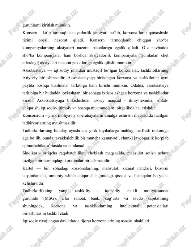 iqtisodiy subyekt tushuniladi. xususiy tadbirkorlik firma - shunday korxonaki, uning egasi o‘z manfaatlari yo‘lida mustaqil ish olib boradi. u firmani boshqaradi, olingan barcha daromadga egalik qiladi, firmaning barcha majburiyatlari bo‘yicha javobgar hisoblanadi. firma egasi ishchilarni ishga yollash va ishdan bo‘shatish huquqiga ega, shartnomalar tuzadi. firmaning afzalligi shundaki, uning boshqaruvi sodda, xarakat faoliyati erkin, iqtisodiy mazmuni yetarlicha kuchli hisoblanadi (bir kishi barcha foydaning egasidir). kamchiliklari esa quyidagilardan iborat: moliyaviy va moddiy resurslarning cheklanganligi, rivojlangan ichki ishlab chiqarish ixtisoslashuvining va takomillashgan boshqaruv tizimining yo‘qligi, javobgarlikning cheklanmaganligi. hamkorlik korxonalar - hamkorlikda egalik qiluvchi va boshqaruvchi bir necha shaxslar tomonidan tashkil etilgan firma yoki korxonadir. bunda barcha hamkorlarga muhim huquqlar beriladi, biroq hamkorlik mas’uliyati cheklangan bo‘lib, bu borada firma faoliyati bo‘yicha to‘liq javob beruvchi asosiy hamkorlar bilan bir qatorda, faqat ishga qo‘shgan hissalari bilan javobgar bo‘luvchi hamkorlar (masuliyati cheklangan hamkorlar) ham bo‘ladi. hamkorlik sharoitida moliyaviy masalalarnini hal etish nisbatan osondir. bunday firmada, xususiy tadbirkorlik …