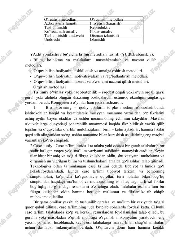 itmik xarakterga), ilgari o‘rnatilgan reja (qoida), tizimga aniq rioya qilish bo‘lib, biror bir ishni maqsadga muvofiq o‘tkazish metodlari, yo‘llari majmuasi. “metodika” tushunchasi turli fanlarni o‘qitish bilan ham bog‘ liqlikda qo‘llanilib, ma’lum sohani o‘qitish jarayoni, mazmuni, qonuniyatlari, tamoyillari, shakl, metod va vositalari yig‘indisini o‘zida ifoda etadi. “metodika” va “texnologiya” tushunchalarining bahs doirasi bilan ham bog‘liqlikda ayrim farqli jihatlarni ajratib ko‘rsatish mumkin. jumladan, metodik tizim “qanday o‘qitish?”, “nima uchun o‘qitish?”, “nimaga o‘rgatish?” kabi savollarga javob izlaydi, texnologiya esa, “qanday tarzda samarali o‘qitishga erishish mumkin?” degan savolni markazga qo‘yadi. metodika o‘quv jarayoninin qanday tarzda tashkil etish lozimligini nazarda tutsa, texnologiya qay yo‘sinda o‘quv jarayonini eng qulay, maqbul tarzda amalga oshirishga diqqat-e’tiborni qaratadi. zamonaviy didaktikada ta’lim metodlari tasnifiga turlicha yondashuvlar. didaktik tadqiqotlar ko‘rsatadiki, ta’lim metodlari nomenklaturasi (nomlanishi) va tasnifi ularni ishlab chiqishda tanlangan yondashuvga bog‘liq holda juda xilma-xil ekanligi bilan xarakterli. ulardan eng muhimlariga to‘xtalamiz. ta’lim metodlari tasnifi: an’anaviy (manbasiga ko‘ra) ta’lim metodlari (e.i.golant, …