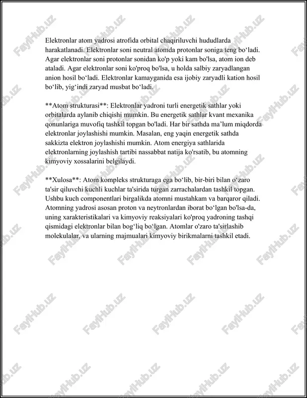 ng spektral chiziqlari ushbu model yordamida aniq tushuntiriladi, bu esa bohr modelining to‘g‘riligini isbotlovchi asosiy faktlardan biri bo‘lib xizmat qiladi. ishlab chiqilgan bo‘lsa-da, bohr modeli to‘liq mos kelmayotganligini ko‘rsatgan edi. hozirgi kunda, kvant mexanikasi bohr modelining asosiy prinsiplarini kengaytirgan va umumiy hodisalarni ko‘proq batafsil tushuntiruvchi yadro-kvant miqyosidagi elektron harakat qonunlarini ishlab chiqqan. bohr modeli atom strukturasi haqidagi nazariyalar tarixida muhim qadamdir. kvant mexanikasining keyingi rivojlanishlariga ko‘maklashgan va ko‘plab fizik-kimyoviy hodisalarni tushunishga imkon berdi. ayrim spektral chiziqlarni yaxshi tushuntirganiga qaramay, hozirgi zamon kvant mexanikasi ushbu modelning cheklanganligini chiqardi va rivojlantirildi. bohr modeli, kvant mexanikasining rivojlanishida muhim rol o‘ynab, atom tuzilishi va elektron spektri nazariyasining asosi hisoblandi. 3. kvant sonlari: asosiy (n), orbital (l), magnit (m) va spin (ms) kvant sonlari atom va molekulalarda elektronlarning holatini tasvirlash uchun ishlatiladi. ular kvant mexanikasi yordamida atomlar va molekulalarning energiya holatlarini aniqlashga xizmat qiladi. to'rt asosiy kvant sonlari mavjud: asosiy kvant soni (n), orbital kvant …