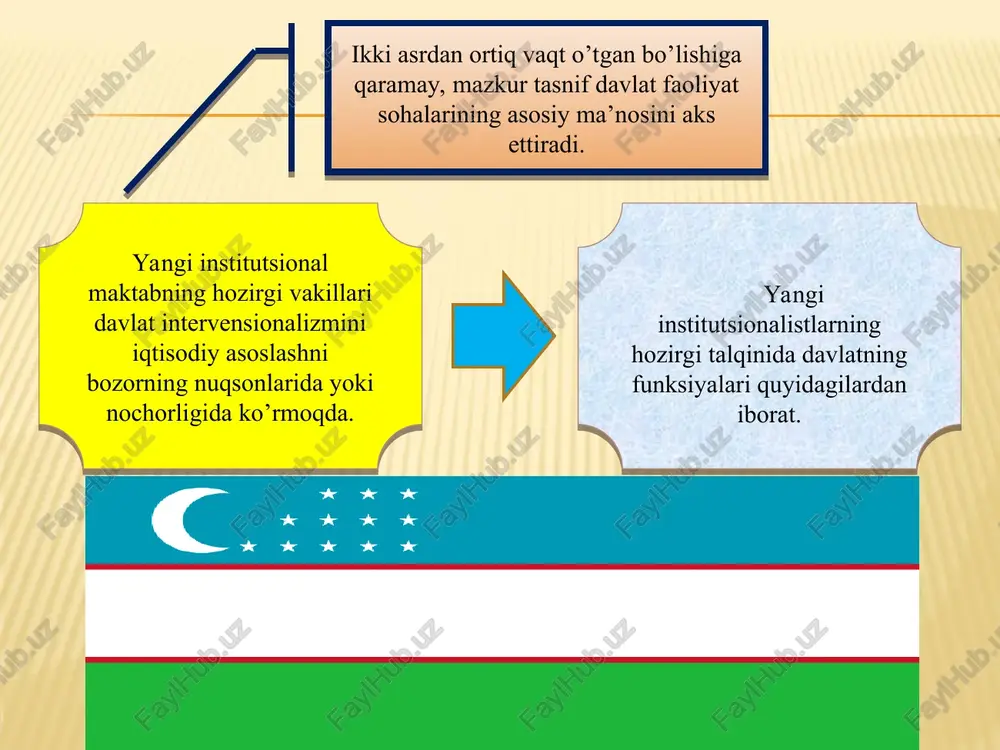 jratiladi: 2 davlat faoliyati samaradorligining aniq mexonlari mavjud emasligi:firma uchun foyda singari samaradorlikning aniq mezonlari yo’qligi uchu davlat tuzilmalari ularni mustaqil ishlab chiqilgan standartlar bilan almashtiradi va bu holatda davlatning faoliyati o’zlari tomonidan berilgan mezonlar bo’yicha baholanadi. 1 daromadlar va xarajatlarning mos kelmasligi: davlatning qat’iy budjet cheklovi darajasi mutlaq darajadan ancha yiroq.davlatni bankrotga aylantirish ancjha qiyin. 3 oldinga qo’yilgan natijalardan farq qiluvchi natijalarga erishish ehtimoli: axborot xarajatlari hamda monitoring va nazorat xarajatlarining o’sishi amalga oshirilgan vazifalarning oldinga qo’yilgan vazifalardan farq qilishi uchun zamin yaratadi. 4 resurslarning taqsimlanishi: transaksiya xarajatlari noldan farq qilgamnda resurslarga bo’lgan mulkchilik huquqlarini taqsimlashda davlat uvhun adolatlilikning bir nechta standartlari mavjud. pareto bo’yicha optimum bilan bir qatorda quyidagilar ana shunday standartlar hisoblanadi kaldora qoidasi (agar resurslarni taqsimlash natijasidan yutayotgan tomon yutkazayotgan tomonga yo’qotishlarni qoplashga qodir bo’lsa resurslarni taqsimlashga o’zgartirish kiritishga yo’l qo’yiladi). rolz qoidasi (eng kam ta’minlanganlarning ahvolini yaxshilovchi resurslarning adolatli taqsimlanishi)va ko’plab boshqa standartlar. reja: | …