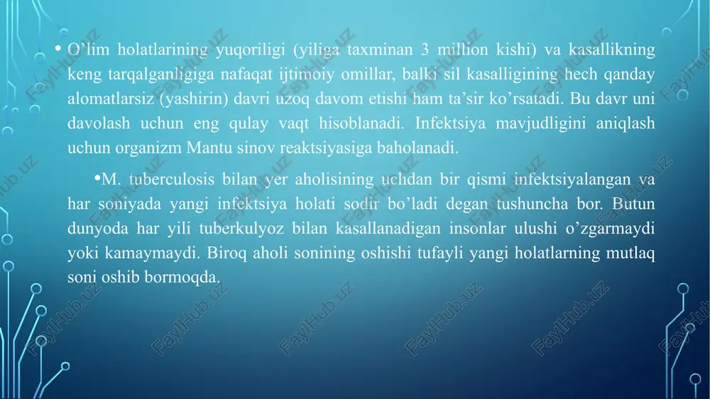 zmning mantu probasiga reaktsiyasini aniqlash. sabablari va yuqish yo’llari sil kasalligi yuqishining asosiy yo’li — havo-tomchi yo’llari sanaladi. kamroq hollarda kundalik aloqalar va transplatsental yuqish holatlari qayd etiladi. bakteriya nafas olish yo’llari orqali organizmga kiradi. so’ng bronxlar shilliq qavati va alveolalarga o’tadi va qon orqali butun tanaga tarqaladi. inson tanasi uchun kox tayoqchasi yot mikroorganizmdir. odatda bunday bakteriyalar organizmga tushsa va rivojlana boshlasa, immun hujayralari ularga hujum qilib, ko’payishi va rivojlanishini oldini oladi. biroq quyidagi ikki holatda kasallik rivojlanishi ehtimoli mavjud bo’ladi: 1. immun tizimi zaiflashga, antitanalar ishlab chiqarilishi buzilgan, immunitet tanqisligi holati mavjud bo’lsa, tananing mudofaa qobiliyati boshqa kasalliklar tufayli zaiflashgan yoki boshqa ijtimoiy yoki yosh omili tufayli yetarli darajada shakllanmagan bo’lsa; 2. kasallik qo’zg’atuvchisi bilan aloqa uzoq, uzluksiz bo’lsa, batsilla tashuvchida kasallikning ochiq shakli jarayoni kechayotgan bo’lsa va tegishli davolash choralari qo’llanilmasa. o’ziga xos immunitetni pasaytiruvchi va kasallik rivojlanishiga hissa qo’shadigan omillar orasida quyidagilar ajratiladi: - bronx-o’pka kasalliklarining …