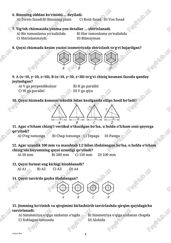 terjena c) s diametra opisannoy okrujnosti d) sdlini rezbi 3. kak izobrajayutsya v razreze detali s tonkimi stenkami? a) tonkimi stenkami b) ne shtrixuyut c) shtrixuyut d) ne izobrajayut 4. kak oboznachayut ne simmetrichnoe nalojennoe sechenie? a) bukvami i strelkami b) ne oboznachayut c) razomknutoy liniey i bukvami d) razomknutoy liniey i strelkami 5. naydite raspolojenie otrezka a (x=30, y=10, z=0), b (x=10, y=30, z=0). a) parallelnaya na v b) perpendikulyarnaya na v c) parallelnaya na w d) raspolojena na h 6. naydite izobrajenie parallelepipeda. 7. kakoy razrez ispolzovan? a) frontalniy b) gorizontalniy c) profilniy d) mestniy 8. na kakom cherteje pravilno vipolneno sopryajenie? 9. neperesekayushiesya ploskosti nazivayut … a) ne parallelnimi ploskostyami b) perpendikulyarnimi ploskostyami c) vzaimno perpendikulyarnimi ploskostyami d) vzaimno parallelnimi ploskostyami 10. naydite raspolojenie otrezka a (x=30, y=0, z=10), b (x=0, y=0, z=30). a) parallelnaya na h b) raspolojena na h c) parallelnaya na w d) raspolojena …