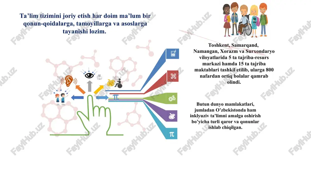 h uchun davlat xizmatlarini ko‘rsatish mexanizmi joriy etiladi. mamlakatimizda imkoniyati cheklangan bolalarni o‘qitish, tarbiyalash, kasb-xunarga yo‘naltirish, jamiyatga uyg‘unlashtirish masalalalari davlat siyosatining dolzarb yo‘nalishlaridan hisoblanadi. chunki o‘zbekistonda taraqqiyotning besh tamoyilidan biri-kuchli ijtimoiy siyosat maqsadli yo‘lga qo‘yilganligi bois, aholining ko‘makka muhtoj qatlamlarini har tomonlama qo‘llab-quvvatlash huquqiy jihatdan kafolatlangan. imkoniyati cheklangan bolalar va o‘smirlarning ijtimoiy hayotga moslashuvi milliy va xalqaro asoslarga egadir. jumladan, xalqaro xujjatlar: jumladan, xalqaro xujjatlar: bola huquqlari to'g'risida konventsiya * are we there yet? crc cartoon bola huquqlari to'g'risida konventsiya inson huquqlariga oid eng universal shartnoma hisoblanadi. 2005 yil yanvariga kelib bhkni 192 ta davlat ratifikatsiya qildi. bola o'zi kim? 18 yoshga to'lmagan har bir inson zoti, agar bolaga nisbatan qo'llaniladigan qonun bo'yicha u ertaroq balog'atga etmagan bo'lsa, bola hisoblanadi. 0-18 bola bhk ning printsiplari bolaga nisbatan har qanday kamsitishlarning oldini olish bolaning manfaatlarini har tomonlama etarli ta'minlash bolaning yashab ketish va sog'lom rivojlanishini kafolatlash bolaning huquqlarini tan olish huquqlarning …
