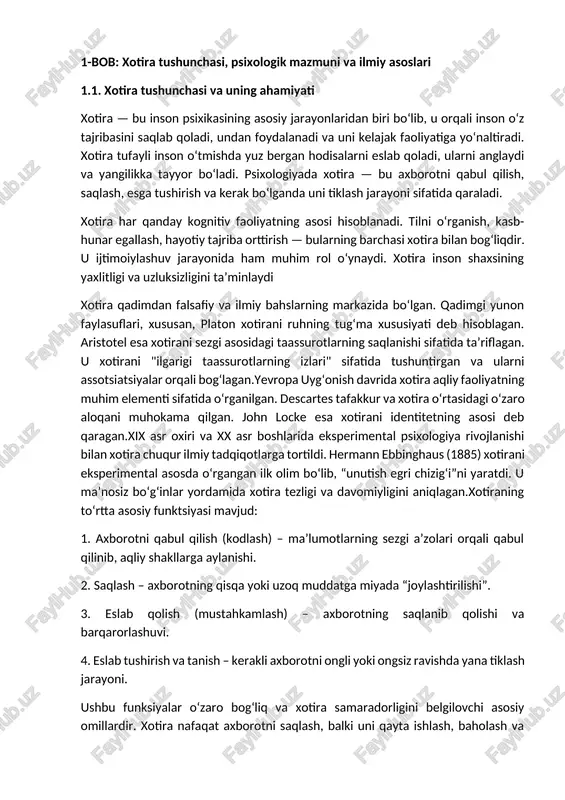 . miyada axborot asosan gippokamp va prefrontal korteksda qayta ishlanadi va saqlanadi. gippokamp yangi esdaliklarni shakllantirishda muhim rol o‘ynaydi, prefrontal korteks esa axborotga ongli ravishda murojaat qilishga mas’uldir. neyronlar o‘rtasidagi bog‘lanishlar, ya’ni sinapslar, xotiraning fizik asosini tashkil qiladi. takroriy tajriba yoki mashq natijasida bu bog‘lanishlar mustahkamlanadi — bu hodisa sinaptik plastisiklik deb ataladi. shuningdek, serotonin, dopamin, asetilxolin kabi neyromediatorlar ham xotira jarayonlarida faol ishtirok etadi. xotira bilan ong o‘rtasida kuchli bog‘liqlik mavjud. ongli xotira — bu biz xotiraga ongli tarzda murojaat qilganimizdagi holatdir. masalan, muhim telefon raqamini esga olish. o‘z navbatida, ongsiz (implisit) xotira esa shartli reflekslar, avtomatizmlar, ko‘nikmalar bilan bog‘liq. ong xotirani boshqaradi, saralaydi va eng muhim ma’lumotlarni “yuqori darajadagi” xotira darajasiga olib chiqadi. xotiraning ong bilan birga ishlashi shaxsning ijtimoiy xulq-atvori, o‘rganish qobiliyati va moslashuvchanligini ta’minlaydi. xotira – inson psixikasining markaziy jarayoni bo‘lib, tajribani saqlash va undan foydalanish imkonini beradi. u tarixan falsafiy, hozir esa eksperimental va neyropsixologik …