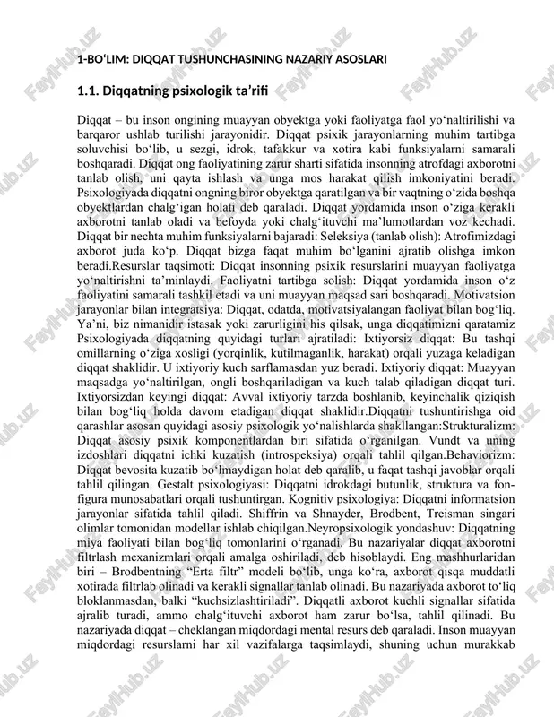 b, unga ko‘ra, axborot qisqa muddatli xotirada filtrlab olinadi va kerakli signallar tanlab olinadi. bu nazariyada axborot to‘liq bloklanmasdan, balki “kuchsizlashtiriladi”. diqqatli axborot kuchli signallar sifatida ajralib turadi, ammo chalg‘ituvchi axborot ham zarur bo‘lsa, tahlil qilinadi. bu nazariyada diqqat – cheklangan miqdordagi mental resurs deb qaraladi. inson muayyan miqdordagi resurslarni har xil vazifalarga taqsimlaydi, shuning uchun murakkab vazifalarda diqqat ko‘proq resurs talab qiladi. diqqat ong faoliyatining ajralmas qismidir. ongga ega bo‘lish — bu muayyan obyektga diqqat qaratishni ham bildiradi. diqqat va ong o‘rtasidagi munosabatlar: diqqat ongsiz jarayonlarga ta’sir qilishi mumkin (masalan, avtomatlashtirilgan harakatlar).ongli faoliyatlar uchun diqqat zarur (fikrlash, tanlov, eslab qolish). diqqat yo‘qligida ong parchalangan holatga keladi (masalan, chalg‘ish, tushkunlikda). bugungi kunda diqqatni o‘rganishda quyidagi yondashuvlar muhim ahamiyatga ega: kognitiv neyropsixologiya: diqqatni miya strukturalari bilan bog‘liq holda tahlil qiladi. eksperimental psixologiya: diqqatni o‘lchash uchun laboratoriya testlaridan foydalanadi. amaliy psixologiya: diqqatni kasbiy faoliyat, ta’lim, sport, tibbiyot sohalarida tahlil etadi. diqqat tushunchasi …