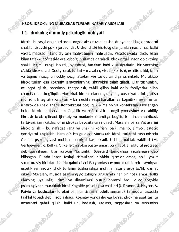 k" (gestalt) tamoyiliga asoslangan deb bilishgan. bunda inson tashqi stimullarni alohida qismlar emas, balki yaxlit strukturaviy birliklar sifatida qabul qiladi.bu yondashuv murakkab idrok – ayniqsa, estetik va fazoviy idrok turlarini tushunishda muhim nazariy asos bo‘lib xizmat qiladi. masalan, musiqa asarining go‘zalligini anglashda har bir nota emas, balki ularning uyg‘unligi, ritmi va dinamikasi butun obrazni hosil qiladi.kognitiv psixologiyada murakkab idrok kognitiv psixologiya vakillari (j. bruner, u. nayser, a. paivio va boshqalar) idrokni bilimlar tizimi, modeli, semantik tarmoqlar asosida tashkil topadi deb hisoblashadi. kognitiv yondashuvga ko‘ra, idrok nafaqat tashqi axborotni qabul qilish, balki uni kodlash, saqlash, taqqoslash va tushunish jarayonlari bilan bog‘liqdir. murakkab idrok turlarida bu jarayonlar ayniqsa chuqur ifodalanadi. misol uchun: ijtimoiy idrok – shaxslar o‘rtasidagi xatti-harakatni tushunish, emotsiyalarni talqin qilish; til orqali idrok – semantik (ma’no) va sintaktik (tuzilma) bilimlarga asoslanadi; vaqt va fazoni idrok qilish – shaxsiy tajriba, xotira va prognoz asosida amalga oshadi. psixoanalitik yondashuv zigmund freyd va …