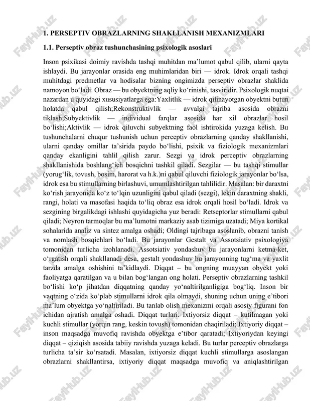 ng qanday yo‘naltirilganligiga bog‘liq. inson bir vaqtning o‘zida ko‘plab stimullarni idrok qila olmaydi, shuning uchun uning e’tibori ma’lum obyektga yo‘naltiriladi. bu tanlab olish mexanizmi orqali asosiy figurani fon ichidan ajratish amalga oshadi. diqqat turlari: ixtiyorsiz diqqat – kutilmagan yoki kuchli stimullar (yorqin rang, keskin tovush) tomonidan chaqiriladi; ixtiyoriy diqqat – inson maqsadga muvofiq ravishda obyektga e’tibor qaratadi; ixtiyoriydan keyingi diqqat – qiziqish asosida tabiiy ravishda yuzaga keladi. bu turlar perceptiv obrazlarga turlicha ta’sir ko‘rsatadi. masalan, ixtiyorsiz diqqat kuchli stimullarga asoslangan obrazlarni shakllantirsa, ixtiyoriy diqqat maqsadga muvofiq va aniqlashtirilgan obrazlar yaratadi. gestalt yondashuviga ko‘ra, diqqat perceptiv maydonda ajralib turuvchi “figura”ni ajratish uchun zarur. masalan, qora fonda oq doira darhol e’tiborni tortadi – bu figura/fon tamoyilidir. assotsiativ psixologiya esa diqqatni ilgari o‘rgangan obyektlar yoki stimullarga bog‘lanish sifatida talqin qiladi: ya’ni, takroriy tajriba asosida ma’lum stimullarga diqqat avtomatik tarzda yo‘naltiriladi. motivatsiya — bu ehtiyojlarni qondirishga yo‘naltirilgan psixik jarayonlar majmuasi. u inson faoliyatini boshlovchi, …