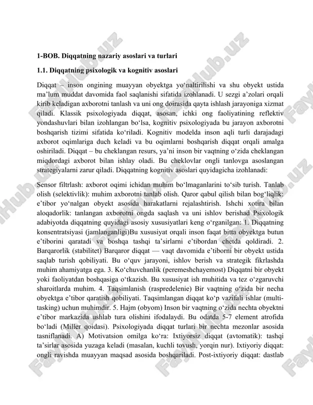nitiv psixologiyada bu jarayon axborotni boshqarish tizimi sifatida ko‘riladi. kognitiv modelda inson aqli turli darajadagi axborot oqimlariga duch keladi va bu oqimlarni boshqarish diqqat orqali amalga oshiriladi. diqqat – bu cheklangan resurs, ya’ni inson bir vaqtning o‘zida cheklangan miqdordagi axborot bilan ishlay oladi. bu cheklovlar ongli tanlovga asoslangan strategiyalarni zarur qiladi. diqqatning kognitiv asoslari quyidagicha izohlanadi: sensor filtrlash: axborot oqimi ichidan muhim bo‘lmaganlarini to‘sib turish. tanlab olish (selektivlik): muhim axborotni tanlab olish. qaror qabul qilish bilan bog‘liqlik: e’tibor yo‘nalgan obyekt asosida harakatlarni rejalashtirish. ishchi xotira bilan aloqadorlik: tanlangan axborotni ongda saqlash va uni ishlov berishad psixologik adabiyotda diqqatning quyidagi asosiy xususiyatlari keng o‘rganilgan: 1. diqqatning konsentratsiyasi (jamlanganligi)bu xususiyat orqali inson faqat bitta obyektga butun e’tiborini qaratadi va boshqa tashqi ta’sirlarni e’tibordan chetda qoldiradi. 2. barqarorlik (stabilitet) barqaror diqqat — vaqt davomida e’tiborni bir obyekt ustida saqlab turish qobiliyati. bu o‘quv jarayoni, ishlov berish va strategik fikrlashda muhim ahamiyatga ega. 3. …