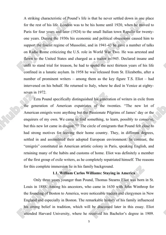 er a number of prominent writers – among them as the key figure t.s. eliot – had intervened on his behalf. he returned to italy, where he died in venice at eighty-seven in 1972. ezra pound specifically distinguished his generation of writers in exile from the generation of american expatriates of the twenties. “the new lot of american emigrés were anything but the passionate pilgrims of james’ day or the enquirers of my own. we came to find something, to learn, possibly to conserve, but this new lot came in disgust.”[1] the circle of emigrants that pound felt close to had strong motives for leaving their home country. they, in different degrees, settled in and assimilated their adopted european environment. in contrast, the “emigrés” constituted an american artistic colony in paris, speaking english, and retaining many of the habits and customs of home. eliot was definitely a member of the …