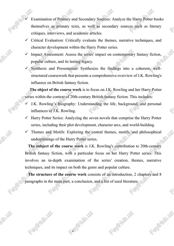 ding their plot development, character arcs, and world-building. · themes and motifs: exploring the central themes, motifs, and philosophical underpinnings of the harry potter series. the subject of the course work is j.k. rowling's contribution to 20th-century british fantasy fiction, with a particular focus on her harry potter series. this involves an in-depth examination of the series' creation, themes, narrative techniques, and its impact on both the genre and popular culture. the structure of the course work consists of an introduction, 2 chapters and 8 paragraphs in the main part, a conclusion, and a list of used literature. the creation of the harry potter universe 1.1. j.k. rowling’s early life and inspirations joanne rowling was born on july 31, 1965, at cottage hospital in yate, gloucestershire, to a middle-class family. her parents anne (née volant) and peter ("pete") james rowling had met the previous year on a train, sharing a …