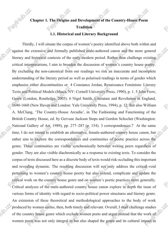 me time, i do not intend to establish an alternative, female-authored country house canon, but rather aim to explore the correspondences and continuities of poetic practice across the genre. these continuities are visible synchronically between writing peers regardless of gender. they are also visible diachronically as a response to existing texts. to consider the corpus of texts discussed here as a discrete body of texts would risk occluding this important and revealing dynamic. the resulting discussion will not only address the critical void pertaining to women’s country house poetry but also extend, complicate and update the critical work on the country house genre and on women’s poetic practices more generally. critical analyses of the male-authored country house canon explore in depth the issue of various forms of identity with regard to socio-political power structures and literary genre. an extension of these theoretical and methodological approaches to the body of work …