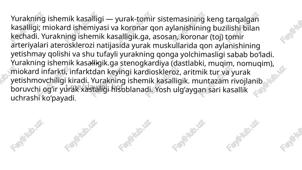 adi. bemorlarga jismoniy faoliyatni qat'iy cheklash tavsiya etiladi. tug‘ma yurak nuqsonlari bu – yurak va yirik qon tomirlar kasalligi bo‘lib, qon oqimi o‘zgarishlari, yurak yetishmovchiligiga olib keladi. tug‘ma yurak nuqsonlarining uchrash ehtimoli tug‘iladigan barcha chaqaloqlarning 0,8 dan 1,2 % ini tashkil qiladi. tug‘ma yurak nuqsonlari barcha tug‘ma nuqsonlarning 10-30 % ini tashkil etadi. kardiologiyada ko‘plab uchrovchi yurak nuqsonlariga qorinchalararo to‘siq yetishmovchiligi, (20%), bo‘lmachalararo to‘siq yetishmovchiligi, aorta stenozi, aorta koarktatsiyasi, batalov yo‘li yetishmovchiligi, yirik qon tomirlar tranpozitsiyasi, o‘pka arteriyasining stenozi (10-15 %) kabilar kiradi. image1.png image2.jpeg image3.jpeg image4.png image5.jpeg image6.jpeg vv turon ulwemuyeckaa bone3hb cepolia o © cyxenne 30% cykenne 50% cyxkexne 90% cyrene 99% »miokardning gon bilan ta'minlanishining mutlag yoki nisbiy yetishmovehiligi tufaylrishemik nekroz rivojlanishi bilan keehadigan koronar arteriya kasalligining klinik shakllaridan biri a
