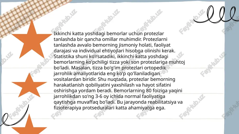 o‘liq protezlar barcha tishlar yo‘qolgan hollarda ishlatiladi. arzon, osongina ishlab chiqiladi. qulaylik past, bemor o‘rganishga vaqt sarflaydi. chiqariladigan qisman protezlar bir nechta tish yo‘qolganida foydalaniladi. mavjud tishlarga tayangan holda mustahkam turadi. ba’zan noqulaylik tug‘diradi. byugel (skeletli) protezlar metall karkasli qisman protezlar. qulayroq va barqaror. narxi nisbatan yuqori. tirkaluvchi protezlar (implant asosidagi) implatlarga o‘rnatiladigan protezlar. juda mustahkam, tabiiy tishlarga o‘xshash. jarrohlik aralashuvi talab etiladi, qimmat. 3. katta yoshdagilar uchun maxsus e’tibor og‘iz gigiyenasi: protezlar muntazam tozalab turilishi kerak. suyak atrofiyasiga qarshi chora: tirkaluvchi (implant asosidagi) protezlar suyak yo‘qolishini sekinlashtiradi. moslashish davri: yangi protezlarga o‘rganish uchun vaqt talab qilinadi. shu davrda og‘riq, qusish refleksi bo‘lishi mumkin. muloqot va ovqatlanish: dastlab so‘zlash va ovqat chaynashda qiyinchiliklar bo‘lishi mumkin. 4. psixologik aspekt katta yoshdagi bemorlarda protez kiyish psixologik noqulaylik tug‘dirishi mumkin. shuning uchun shifokor bemorni ruhiy jihatdan tayyorlashi, unga qo‘llab-quvvatlash ko‘rsatishi muhim. 5. yakuniy xulosa protezlar katta yoshdagi bemorlarning hayot sifatini yaxshilashda muhim vosita …