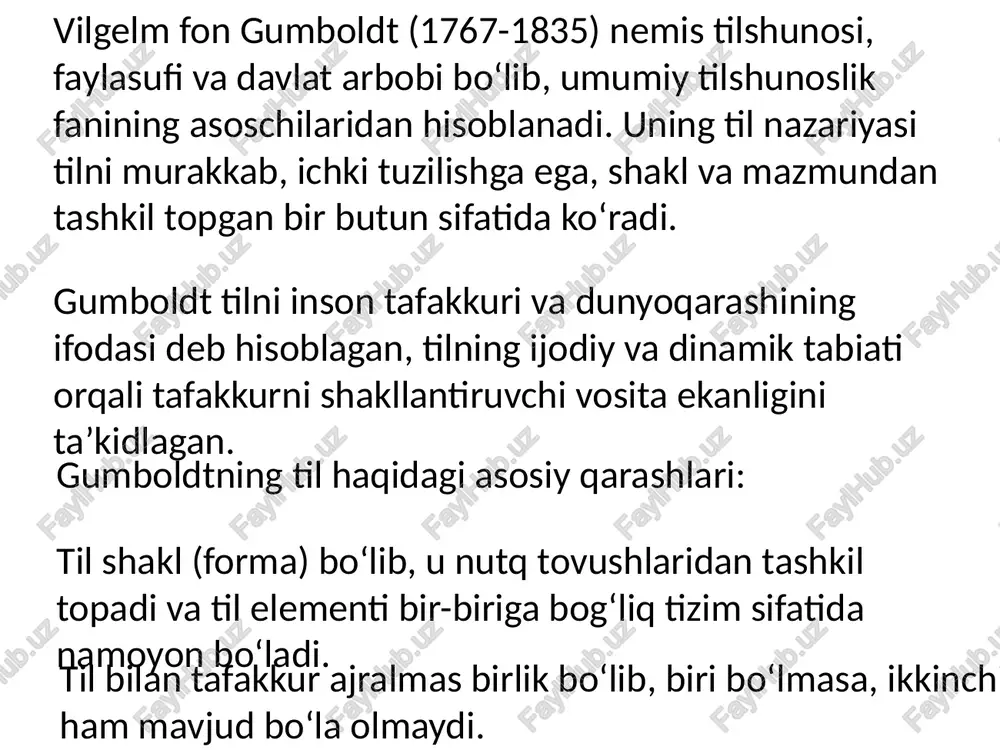 ng o‘zaro munosabati — til birliklarining moddiy ko‘rinishi va ularning ma’no, vazifasining uzviy bog‘liqligini anglatadi. ular bir-biridan ajralmaydi, balki tilning to‘liq va mukammal faoliyat ko‘rsatishi uchun doimo birgalikda mavjud bo‘ladi. vilgelm fon gumboldt nazariyasi tilshunoslikda asosiy o‘rin tutadi va u umumiy tilshunoslik fanining asoschisi hisoblanadi. uning nazariyasiga ko‘ra, til murakkab va ko‘p qirrali hodisa bo‘lib, tilning ichki shakli, ya'ni strukturasini o‘rganish tilshunoslikning asosiy vazifasi hisoblanadi. gumboldt tilni nafaqat aloqa vositasi, balki inson tafakkuri va dunyoqarashining ifodasi sifatida ko‘radi, til va tafakkur uzviy bog‘liqdir. u tilni shakl (forma) va mazmun (mohiyat)ning bir butunligi deb hisoblab, tilning ijodiy va dinamik tabiati orqali tafakkurni shakllantiruvchi vosita ekanligini ta’kidlaydi. til doimiy ravishda rivojlanib boradi va o‘zgaradi, bu tilning eng asosiy xususiyatidir. shuningdek, gumboldt tilning tashqi (tovush sistemasidan) va ichki tomonlarini birlashtirgan tizim sifatida ko‘radi. gumboldtning nazariyasi tilshunoslik fanining rivojlanishiga katta hissa qo‘shgan bo‘lib, uning falsafiy qarashlari va til va nutq haqidagi fikrlari turli ilmiy …