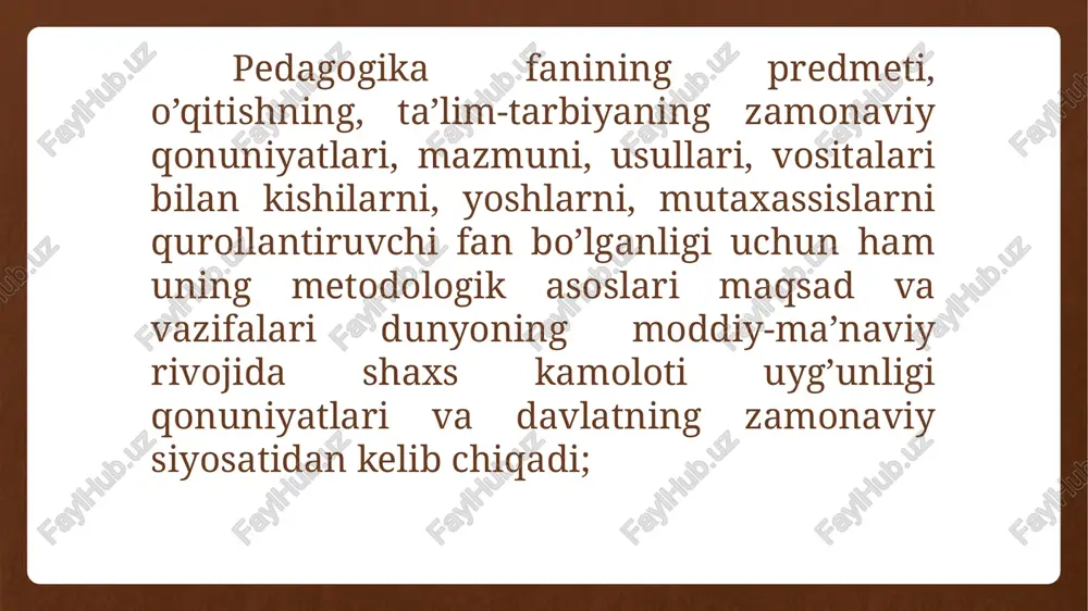 im bahsda kerak bo’lsa, ko’nikma mehnatda, dunyoni o’zlashtirishda zarur; ma’lumot – ta’lim –tarbiya natijasida olingan va tizimlashtirilgan bilim, hosil qilingan ko’nikma va malakalar hamda shakllangan dunyoqarashlar majmuidir; pedagogika insonlar orasidagi munosabatlarni va ijtimoiy muhitning insonga ta’sirini tadqiq etuvchi fan sifatida iqtisodiyot, madaniyat rivojlanishining o’ziga xosligi hamda ularning inson shaxsi shakllanishiga ta’sirini o’rganadi; shu bilan birga, pedagogika o’quv muassasasi tizimining tashkiliy jihatlaridagi ko’pgina masalalarni hal etishga, shaxslarni tarbiyalashda o’quv muassasasi, oila va jamoatchilikning o’zaro hamkorlikda ish olib borishiga yordam beradi; etika falsafaning ahloqiy va tarbiya masalalari bilan bevosita bog’liqdir; ularni xal etishda pedagogika ahloqning umuminsoniy qadriyatlariga suyanadi; estetika (nafosat tarbiyasi) insonning estetik ideallarini shakllantirish, madaniyatga va voqelikka estetik munosabatlari umumiy qonuniyatlarini o’rganadi va estetik tarbiyani ilmiy jihatdan asoslash uchun xizmat qiladi; bu asoslarni pedagogika fani ishlab chiqadi, yoshlarni go’zallikni xis qila olish, tushunishga o’rganish vositalari va yo’llari belgilab beradi; psixologiya pedagogikaning boshqa fanlar tomonidan aniqlangan bilimlar, o’sib kelayotgan insonning shaxsini shakllantirish, …