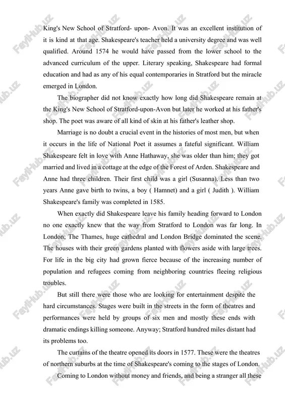 ime of shakespeare's coming to the stages of london. coming to london without money and friends, and being a stranger all these factors a meant for shakespeare self support. so, he worked at the play house gaining money from taking care of the gentlemen's horses that came to see the play. this was the first appearance to shakespeare at a playhouse. back at stratford while he was still in his twenties he started writing plays that depict the english history. by 1592 shakespeare had made his mark as a playwright. during this period shakespeare combined achievements as an actor, sharer and playwright made him, as our greatest living authority on the elizabethan and jacobean stage. shakespeare did not intend to publish his plays because at that time an author had little control over his literary works once they left his hands. authors were unprotected by law of copyright. that’s why …
