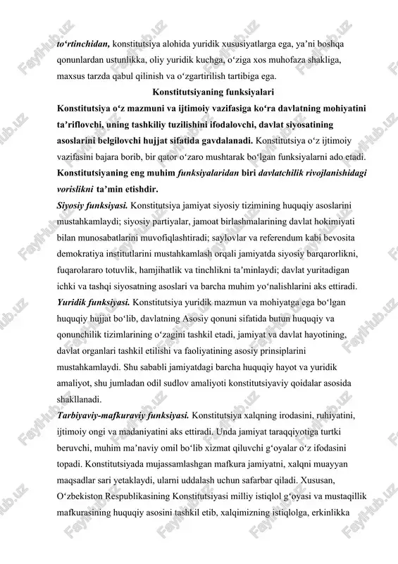 giga, ayniqsa, yosh avlod ongiga singdirishga xizmat qiladi. konstitutsiyaning asosiy prinsiplari davlat suvereniteti. “suverenitet” atamasi ilk bor fransiyada (xvi asr) vujudga kelgan. bu atama lotincha superareitas (cupra, superios) soʻzidan kelib chiqqan boʻlib, aslida “eng oliy”, “oliy hokimiyat” degan maʼnoni anglatadi. suverenitet mustaqil davlatning umumiy va ajralmas belgisi boʻlib, uning toʻla huquqliligini hamda ichki va tashqi siyosatini amalga oshirishda boshqa davlatga qaram emasligini anglatadi. oʻzbekiston – suveren demokratik respublika. oʻzbekiston respublikasi oʻzining milliy-davlat va maʼmuriy-hududiy tuzilishini, davlat hokimiyati va boshqaruv organlarining tizimini belgilaydi, ichki va tashqi siyosatini amalga oshiradi. oʻzbekistonning davlat chegarasi va hududi daxlsiz va boʻlinmasdir. oʻzbekiston respublikasining davlat tili oʻzbek tilidir. konstitutsiyaning 5-moddasida "oʻzbekiston respublikasi qonun bilan tasdiqlanadigan oʻz davlat ramzlari – bayrogʻi, gerbi va madhiyasiga ega» deb koʻrsatilgan. oʻzbekistonning davlat ramzlari 1991-yil 18-noyabrdagi “oʻzbekiston respublikasining davlat bayrogʻi toʻgʻrisida”, 1992-yil 2-iyuldagi “oʻzbekiston respublikasi davlat gerbi toʻgʻrisida”, 1992-yil 10-dekabrdagi “oʻzbekiston respublikasining davlat madhiyasi toʻgʻrisida”gi qonunlar bilan tasdiqlangan. xalq hokimiyatchiligi. oʻzbekiston …