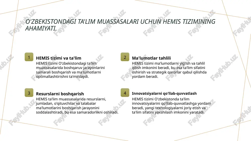 ni mahalliy va global madaniyat bilan tanishtiradi. xulosa 1 hemis tizimi: kelajakga qadam hemis tizimi oliy ta'lim jarayonlarini optimallashtirishda muhim rol o'ynaydi va ta'lim sifatini oshirishga imkoniyat yaratadi. 2 ta'limda innovatsiyalar o'zbekistonda ta'lim texnologiyalarining rivojlanishi va innovatsiyalar mamlakatning global raqobatbardoshligini oshirishda muhim ahamiyatga ega. 3 raqamli vositalardan foydalanish oliy ta'limda raqamli vositalardan foydalanish amaliyoti ta'lim jarayonini yanada samarali va qiziqarli qiladi, talabalar uchun yangi imkoniyatlar yaratadi. foydalanilgan adabiyotlar 1. saidov, a. hemis tizimining ta'lim jarayonlarida o'rni. o'zbekiston ta'limi, 2021 2. abdurakhmonov, i. oliy ta'limni boshqarish: hemis yondashuvi. oliy ta'lim tadqiqotlari jurnali, 2020 3. tashkent institute of finance. o'zbekistonda ta'lim texnologiyalari va hemis: innovatsiyalar, 2023 4. karimov, a. oliy ta'limda boshqaruv axborot tizimlari. ta'lim va texnologiyalar, 2022 5. yuldashev, r. hemis va ta'lim jarayonlarini optimallashtirish. o'zbekiston ta'lim va ilm-fan jurnali, 2023 e'tiboringiz uchun rahmat! /docprops/thumbnail.jpeg hemis-oliy talim jarayonlarini bashqarish axborot tizimi