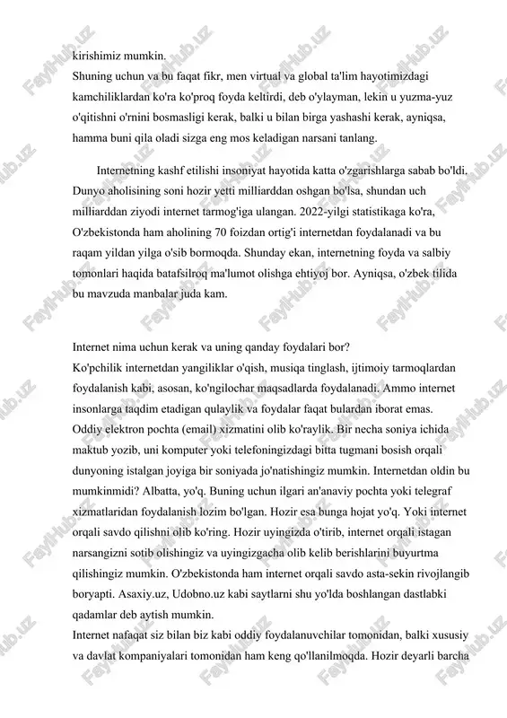 kompaniyalar o'z xodimlari va mijozlari bilan aloqalarni to'liq internet orqali olib boradi. yangi mahsulotlarini internet orqali ommaga taqdim etadi, sotadi va boshqa turli xizmatlar ko'rsatadi. internet hukumatlar ishlarini ham osonlashtirgan. fuqarolarning deyarli barcha murojaatlari ko'p davlatlarda hozir elektron shaklda amalga oshirilmoqda. bu qog'ozbozlik, fuqarolarning idoraga borib rasmiylar bilan yuzma-yuz ko'rishishi, navbat kutib uzoq o'tirishi kabi noqulayliklarni kamaytiradi. o'zbekistonda ham xuddi shu maqsadda my.gov.uz loyihasining boshlanganini ijobiy va quvonarli hol, deb aytishimiz mumkin. internetning qanday salbiy jihatlari bor? bu ommaviy kommunikatsiya turi dastlab paydo bo'lganda, aksariyat ishlarning elektron shaklga o'tishi oqibatida ko'plab ish o'rinlari boy beriladi, degan xavotirlar bo'lgan. chunki internetdan oldin bu ishlar qog'ozlar orqali yoki ofis-idoralarda ishchi-xodimlar qo'li bilan amalga oshirilardi. ammo internetning iqtisodiyot uchun, kompaniyalar uchun keltirgan ulkan foydasi bu xavotirlarni yo'qqa chiqardi. endigi asosiy xavotir va tahdid internetda shaxsiy va biznes ma'lumotlarini almashishning qanchalik xavfsiz ekani haqida bo'lmoqda. xavotirlar shu darajada oshdiki, hatto hukumatlar internet tahdidlarining oldini …
