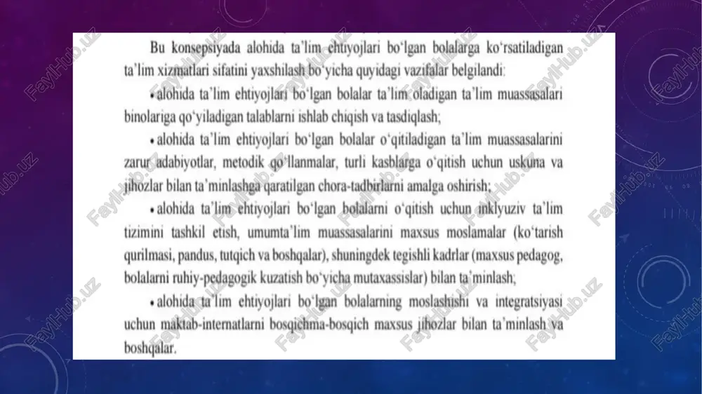 oniy yoki aqliy imkoniyatlari cheklangan bolalar ham teng sharoitda ta’lim olishlarini ta’minlaydigan tizimdir. ushbu ta’lim modeli farzandlar orasidagi tafovutlarni inobatga oladi va har bir bolaga individual yondashuv asosida o’qgitish va tarbiyalash imkonini beradi. inklyuziv ta'‘limning asosiy tamoyillari: ¢ ta’limning barcha bolalar uchun ochiqligi ¢ individual yondashuv * irqi, dini, sog'lig‘i, jinsi, ijtimoiy mavqeidan qat’i nazar, barcha bolalarga bir xil imkoniyatlar yaratish * oila va jamiyat bilan hamkorlikda ish olib borish maktabgacha ta’lim tizimida inklyuzivlikning ahamiyati maktabgacha yosh — bu bola shaxsi shakllanadigan asosiy bosqich bollib, aynan shu davrda bolalarda dunyoqarash, 0'z-o'zini anglash, ijtimoiylashuv jarayonlari boshlanadi. imkoniyati cheklangan bolalarning sog‘lom bolalar bilan birga ta’lim olishi ularning ijtimoiy hayotga moslashishiga, o'ziga bo‘lgan ishonchining ortishiga va jamiyatda o'z o'rnini topishiga xizmat qiladi. foydalanilgan adabiyotlar 1. o'zbekiston respublikasi prezidentining o*zbekiston _respublikasi maktabgacha ta’lim tizimini 2030-yilgacha rivojlantirish konsepsiyasini tasdiqlash to'g'risida qarori pq-4312 08.05.2019 2. o'zbekiston respublikasi prezidentining alohida ta’lim olish ehtiyojlari bo‘lgan bolalarga ta’lim-tarbiya berish …