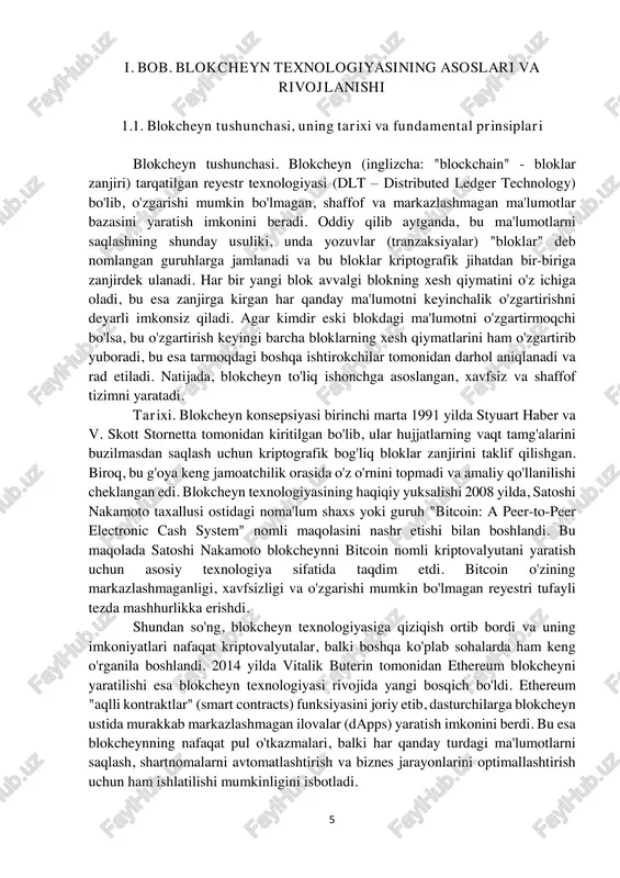 n. biroq, bu g'oya keng jamoatchilik orasida o'z o'rnini topmadi va amaliy qo'llanilishi cheklangan edi. blokcheyn texnologiyasining haqiqiy yuksalishi 2008 yilda, satoshi nakamoto taxallusi ostidagi noma'lum shaxs yoki guruh "bitcoin: a peer-to-peer electronic cash system" nomli maqolasini nashr etishi bilan boshlandi. bu maqolada satoshi nakamoto blokcheynni bitcoin nomli kriptovalyutani yaratish uchun asosiy texnologiya sifatida taqdim etdi. bitcoin o'zining markazlashmaganligi, xavfsizligi va o'zgarishi mumkin bo'lmagan reyestri tufayli tezda mashhurlikka erishdi. shundan so'ng, blokcheyn texnologiyasiga qiziqish ortib bordi va uning imkoniyatlari nafaqat kriptovalyutalar, balki boshqa ko'plab sohalarda ham keng o'rganila boshlandi. 2014 yilda vitalik buterin tomonidan ethereum blokcheyni yaratilishi esa blokcheyn texnologiyasi rivojida yangi bosqich bo'ldi. ethereum "aqlli kontraktlar" (smart contracts) funksiyasini joriy etib, dasturchilarga blokcheyn ustida murakkab markazlashmagan ilovalar (dapps) yaratish imkonini berdi. bu esa blokcheynning nafaqat pul o'tkazmalari, balki har qanday turdagi ma'lumotlarni saqlash, shartnomalarni avtomatlashtirish va biznes jarayonlarini optimallashtirish uchun ham ishlatilishi mumkinligini isbotladi. 6 fundamental prinsiplari. blokcheyn texnologiyasi …
