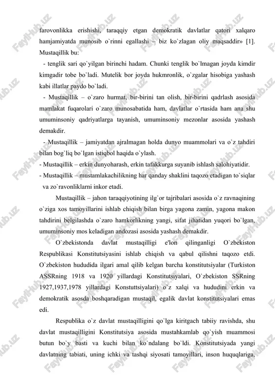 h va qabul qilishni taqozo etdi. o`zbekiston hududida ilgari amal qilib kelgan barcha konstitutsiyalar (turkiston assrning 1918 va 1920 yillardagi konstitutsiyalari, o`zbekiston ssrning 1927,1937,1978 yillardagi konstuttsiyalari) o`z xalqi va hududini erkin va demokratik asosda boshqaradigan mustaqil, egalik davlat konstitutsiyalari emas edi. respublika o`z davlat mustaqilligini qo`lga kiritgach tabiiy ravishda, shu davlat mustaqilligini konstitutsiya asosida mustahkamlab qo`yish muammosi butun bo`y basti va kuchi bilan ko`ndalang bo`ldi. konstitutsiyada yangi davlatning tabiati, uning ichki va tashqi siyosati tamoyillari, inson huquqlariga, davlat suverenligiga, demokratiyaning va ijtimoiy adolatning oliy maqsadlariga sodiqligi mustahkamlanib qo`yilmohi lozim edi. konstitutsiya o`zbek davlatchiligi rivojlanish tarixida tajribani hisobga olishi, xalqaro huquqning umum e'tirof etilgan normalari ustuvorligiga tayanishi, fuqarolar uchun munosib hayotni ta'minlashga asos bo`lishi, barqaror madaniy bozor iqtisodiga asoslangan demokratik huquqiy davlat, fuqarolik jamiyati bunyod etishi kerak edi. respublikaning yangi konstitutsiyasini ishlab chiqish zarurligi to`g`risidagi g`oya xii chaqiriq oliy kengashning 1990 yil martida bo`lib o`tgan birinchi sessiyasidayoq yangragan edi. konstitutsiya ustida …