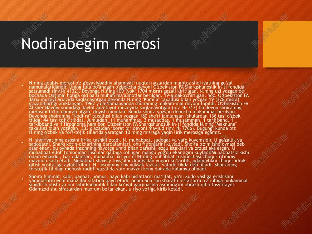 i badiiy vositalar mahorat bilan qoʻllangan. n. fors-tojik tilida ham goʻzal, taʼsirchan sheʼrlar yozgan. ular ham mazmun va badiiy mahorat jihatdan oʻzbek tilidagi gʻazallaridek yuksak darajada yozilgan boʻlib, shoira ijodini yana ham keng va toʻlaroq oʻrganishda muhim rol oʻynaydi. n. ijodiga boʻlgan qiziqish shoira qayotlik davridayoq boshlangan. mashhur shoira dilshod (1800—1905) n.ga maxsus gʻazallar bagʻishlab, uni "ilm-adab i va nazm osmonining yulduzi, ushshoqlari gʻazalxoni, shakar sochuvchi bulbul" deb taʼriflaydi. n. gʻazallariga juda ‘ koʻp shoirlar naziralar yozganlar, muhammas bogʻlaganlar. oʻzbek adabiyotida va sahnada n.ning badiiy obrazi yaratildi. h. razzoqovning "nodira", turob toʻlaning "nodirabegim" musiqali dramalari sahnalashtirildi. komil yormatov va m. melkumovlarning ssenariysi asosida "nodirabegim" fil-mi yaratildi. shoira asarlari rus va b. chet tillarga tarjima qilingan. fa-zallari oʻzbek maqomlari va xalq kuylariga solingan. oʻzbekistonning sha-har va qishloqlarida koʻplab koʻchalar, kinoteatr, maktab va kutubxonalar n. nomi bilan yuritiladi. g’azallari vasl uyin obod qildim… vasl uyin obod qildim, buzdi hijron oqibat, seli g’amdin …