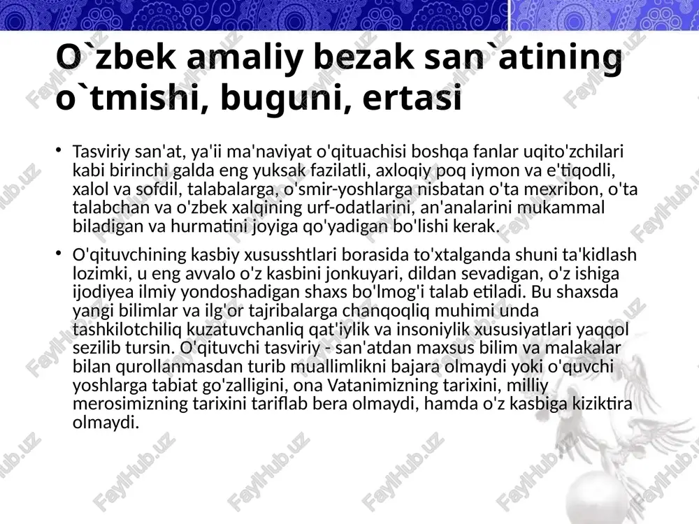 orligi bir-biridan mutlaqo farq qiladi. qadimgi ganch o‘ymakorligi hajmiy bo‘lib, realistik tasvirlar asosida ishlangan. ularda ko‘pincha odamlar, hayvonlar, qushlar tasviri ishlatilgan. eramizning birinchi asrlaridayoq kishilar ganchni ajoyib xususiyatga ega ekanligini bilib, qal’alar, karvonsaroy va boshqa joylarni bezay boshlaganlar. bo‘lib o‘tgan janglar oqibatida ular vayronaga aylanib, faqat qoldiqlari saqlanib qolgan. naqsh — arabcha tasvir, gul degan ma’noni anglatadi. qush, hayvon, o‘silllik, geometrik va boshqa elementlarni ma’lum tartibda takror-lanishidan hosil qilingan bezakdir. ganchkorlik, kandakorlik, kashtado‘zlikda, zar-do‘zlik, kulolchilik, zargarlik, gilam to‘qish, to‘qimachilik, inkurustatsiya', panjaralar va hokazolarda har xil yo‘llar bilan naqshlar ishlanadi. yog‘och o‘ymakorligi ham o’zbek xalq amaliy bezak san’atining keng tarqalgan bir turi. bunda biror naqsh yoki tasvir taxta yoki yog‘och buyumlarga chizib, kesib, o‘yib, ishlanadi. amaliy san`at da bezak yaratishda naqsh bilan tasvi-riy san’at (haykaltaroshlik, rangtas-vir, ayrim hollarda grafika) qismlari (alohida yoki turlicha birikuvlari) keng qo‘llaniladi. ba’zan naqsh yoki tasvir bu-yumlarni shakllantiruvchi asosga aylana-di (panjara guli, to‘r; gilam, mato gulla-ri va …