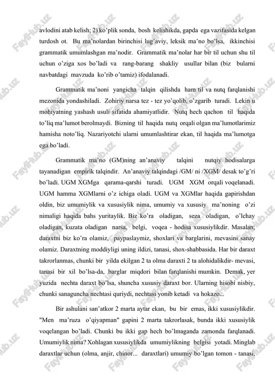 il bo’lsa-da, barglar miqdori bilan farqlanishi mumkin. demak, yer yuzida nechta daraxt bo’lsa, shuncha xususiy daraxt bor. ularning hisobi nisbiy, chunki sanaguncha nechtasi quriydi, nechtasi yonib ketadi va hokazo... bir ashulani san’atkor 2 marta aytar ekan, bu bir emas, ikki xususiylikdir. "men ma’ruza o’qiyapman" gapini 2 marta takrorlasak, bunda ikki xususiylik voqelangan bo’ladi. chunki bu ikki gap hech bo’lmaganda zamonda farqlanadi. umumiylik nima? xohlagan xususiylikda umumiylikning belgisi yotadi. minglab daraxtlar uchun (olma, anjir, chinor... daraxtlari) umumiy bo’lgan tomon - tanasi, shoxi bor o’simlik. bizning ongimizda daraxt xuddi shu ma’no bilan yashaydi. "umumiylik - bevosita kuzatishda berilgan alohida xususiyliklardagi belgilarning ongimizdagi obrazi". umumiyliklar mayda - chuyda belgilarni o’z ichiga olmaydi, umumiylik xususiyliklarda takrorlanib turadi. demak, xulosa shuki, xususiylik - takrorlanmas, chegaralangan; umumiylik-takroriy, chegara-lanmagan. istalgan butunlik shakl va ma’no tomondan iborat bo’ladi. yana daraxt misoliga qaytamiz. daraxtning shakl tomoni bizga ma’lum: qattiq tanali o’simlik. daraxt nima uchun kerak? a) soya soladi; b) …