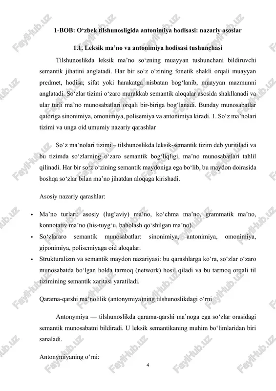 a-hodisalarning o‘zaro zidligi, tafovuti va baholovchi nuqtai nazar ifoda etiladi. tilshunoslikda antonimiya hodisasi nafaqat alohida so‘zlar darajasida, balki iboralar, frazeologik birliklar, hatto matn doirasida ham o‘z ifodasini topadi. antonimlar vositasida nutqda kontrast, taqqoslash, baholash, irodi ifodalar kuchayadi. shuningdek, ular obrazlilik, ifodaviylik va emotsional ta’sirchanlikni oshirishda ham katta ahamiyat kasb etadi. antonimiya boshqa semantik munosabatlardan, ayniqsa sinonimiya va polisemiyadan farq qiladi. sinonimlar bir-biriga yaqin yoki o‘xshash ma’noni bildirsa, antonimlar teskari yoki zid ma’nolarni anglatadi. polisemiya esa bir so‘zning bir nechta, lekin o‘zaro bog‘liq ma’nolarga ega bo‘lishi bilan xarakterlanadi. shunday qilib, antonimiya hodisasi o‘zbek tilining leksik tizimini tushunishda, uni o‘rganishda va to‘g‘ri qo‘llashda alohida ahamiyat kasb etadi. 1.2. o‘zbek tilida antonimiyaning o‘rganilishi tarixi o‘zbek tilshunosligida antonimiya hodisasi leksik-semantik munosabatlar tizimining muhim tarkibiy qismi sifatida xx asr boshlaridan boshlab o‘rganila boshlagan. dastlabki tadqiqotlar umumiy leksikologik yondashuvlar doirasida olib borilgan bo‘lsa-da, antonimiya alohida obyekt sifatida keyinchalik e’tibor markaziga tushdi. ilk bosqichda bu masala rus …