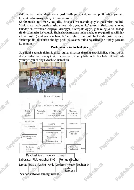 g'i doimo dispanser kuzatuvida bo'ladi. kasallikning oldi olinadi, bemor larning mehnat va turmush sharoitlarini sog'lomlashtiruvchi tadbir lar amalga oshiriladi. bemor o'z vaqtida tez va to'liq davolanadi. dispanser kuzatuvi usuli ko'pgina kasalliklaming oldini olishga yordam beradi. tibbiyotning asosiy tamoyillaridan biri profilaktik yo'nalishni bajarishga imkon yaratadi. uchastka shifokorlari sil, xavfli o'smasi bo'lgan, ruhiy kasalliklarga duchor bo'lgan bemorlarni aniqlasalar tegishli dispanserlarga yuboradilar. poliklinikalardagi mutaxassis shifokorlar dispanser kuzatuvi olib boradilar. ularda dispanser kuzatuvida turgan bemorlar ro'yxati bo'ladi. dispanser kuzatuvi zarur bo'lgan barcha kishilarni ro'yxatga olish zarur. buning uchun tibbiy ko'rikka yaxshi tayyorgarlik ko‘ rish, aholi o'rtasida tushuntirish ishlarini olib borish talab etiladi. poliklinikada dispanser usuli bo'yicha nazorat va umumiy rahbarlik terapiya bo'limi mudiri zimmasida bo'ladi. shifokorlar uchun dispanser hisob tibbiyot kartasi asosiy hujjat hisoblanadi. bu hujjat bemor murojaat qilganda to'ldiriladi. bu karta bilan bemorning shifokorga kelib turishi nazorat qilinadi. bu hujjatda bemorning pasport ma ‘lumotlari, mehnat qobiliyatini yo'qotish hollari, shifokor huzuriga kelganligi, yana qachon …