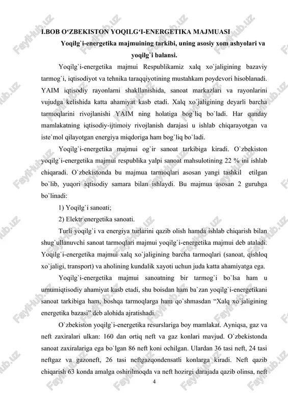 rslari issiqlik energiyasi uchun manba bo`ladi. quyosh energiyasidan, geotermal energiyadan va kelajakda atom energetikasidan foydalanish imkoniyatlari katta (o`zbekiston uran zaxirasi bo`yicha dunyoda 7-8 o`rinni egallab turibti). o`zbekiston seysmik jihatdan o`ta faol davlat bo`lganligidan atom energetikasini barpo etish, uning xom ashyolaridan foydalanish o`ta ehtiyotkorlikni talab etadi. turli yoqilg`ilarni taqqoslash uchun ular shartli yoqilg`iga aylantiriladi. shartli yoqilg`i deb 1 kg yoqilg`i yonganda 7000 kl wt energiya beradigan, issiqlik koeffitsiyenti 1 deb kabul qilingan yoqilg`iga aytiladi. 1 kg shartli yoqilg`i 2 kl vt elektr energiyasiga teng deb ham olinadi. neft va tabiiy gazning issiqlik koeffitsiyenti 1,5 ga, toshko`mirniki 1,0 ga, qo`ng`ir ko`mirniki 0,43 ga va o`tinniki 0.40 ga teng. shuni ham bilish muhimki, neft va gaz sanoatidagi kapital xarajatlari ko`mir sanoatidagiga qaraganda 3 barobar kam, neft qazib chiqarish tannarxi ko`mir tannarxidan 3-4 barobar, gaz qazib chiqarish tannarxi esa 10-15 hissa pastdir. turli yoqilg`i xillarini iste`mol qilish yoqilg`i balansi deb yuritiladi va bu borada …