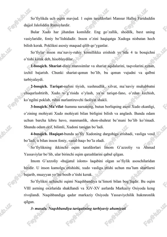 allud topgan. naqshband uning laqabi bo’lib, ota kasbi kimxobboflik bilan shug’ullangan. uning tasavvufga qiziqishi bolaligidan paydo bo’ladi va shu yo’lda tarbiya topadi. u dastlabki tariqat so’lukiga doir bilimlarni shayx samosiy va sayyid amir kuloldan olgan. abdulholiq g’ijduvoniyni o’ziga ustoz deb biladi va uning izidan boradi. naqshband 1389 yilda vafot etadi va qasri orifonda dafn etilgan. boxovuddin naqshband naqshbandiya tariqatining asoschisidir. uning ta’limoti hayotlik chog’idayoq movarounnahrda keng tarqalgan. naqshbandiya islomdagi sunniylikka asoslangan bo’lib, uning ma’naviy silsilasi bir tomondan, abu bakr siddiqqa (632-634) ikkinchidan abu tolibga borib tarqaladigan 12 tariqatning biri sanaladi. bu silsila «oltin silsila» deb ataladi. naqshbandiya suluki halol mehnat bilan kun kechirishni targ’ib qiladi. uning «dil ba yoru dast bakor» (dil yorda, qul ishda) shiori diqqatga sazovor. naqshbandiya sulukiga kirgan kishilar qo’l mehnati bilan hayot kechirar edilar. bu kishilardan oilani va mamlakatni obod qilish uchun mehnat qilish talab qilingan. b. naqshbandning o’zi ham qo’l kuchi bilan hayot kechirgan. naqshbandiya …