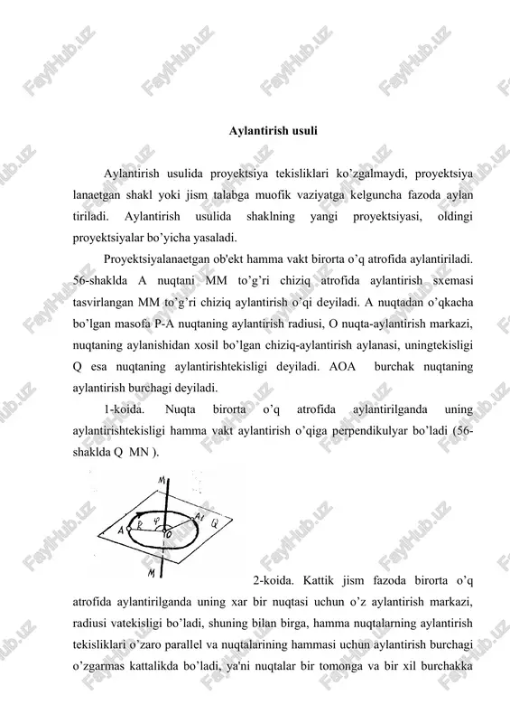 tgan va n tekislikka perpendikulyardir: bu o’qning gorizontal proyektsiyasi atrofida kesmaning gorizontal proyektsiyasi (ab) ni aylantirib, ox o’qiga perpendikulyar (ab ox) vaziyatga keltirsak, kesmaning frontal proyektsiyasi (a2 b2 ) bir nuqtaga kelib qoladi, demak ab kesma v ga perpendikulyar bo’lib qoladi. umumiy vaziyatdagi tekislikni proyektsiyalovchi vazi- yatga keltirish izlari orqali tasvirlangan umumiy vaziyatdagi biror p tekislikni proyektsiya tekisliklaridan biriga, masalan v tekislikka tik xolga keltirish uchun uni fazoda shunday aylantirish kerakki gorizontal izi ox ga tik bo’lib qolsin (60-shakl). 60-shaklda abc uchburchakni v tekislikka tik vaziyatga keltirish kursatilgan. uchburchakda gorizontal cd o’tkazamiz va uning gorizontal pro-yektsiyasini burchakka, ya'ni ox o’qiga tik vazi-yatga keltiramiz. (sd ox). aylantirish o’qining s uchidan n ga tik qilib o’tkazilgan. uchburchak-ning a va b uchlarini ham-burchakka (q d sd) aylantirsak, uchburchakning v ga perpendikulyar vaziyatga kelirilgandan yangi proyektsiyalari (a,b,s va a,b,s) xosil bo’ladi. tekislikni proyektsiyalovchi vaziyatga keltirish yuli bilan uning n ga yoki v ga kiyalik …