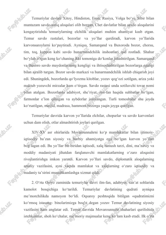 iqsa me’morchilikda namoyon bo‘ldi. oqsaroy peshtoqida bitilgan «qudratimizni ko‘rmoq istasang- binolarimizga boq!» degan yozuv temur davlatining siyosiy vazifasini ham anglatar edi. temur davrida movarounnahr shaharlari qurilishida istehkomlar, shoh ko‘chalar, me’moriy majmualar keng ko‘lam kasb etadi. ilk o‘rta asrlardagi shaharning asosiy qismi bo‘lgan «shahriston»dan ko‘lam va mazmuni bilan farq qiluvchi «hisor» qurilishini samarqand va shahrisabzda kuzatish mumkin. temur davrida kesh shahar qurilishi yakunlandi. «hisor»ning janubi-g‘arbida hukumat saroyi oqsaroy va atrofida rabotlar, bog‘-rog‘lar qurildi. temur saltanat poytaxti samarqandni bezatishga alohida e’tibor berdi. shaharda «hisori», qal’a, ulug‘vor inshoatlar va tillakor saroylar bunyod ettirdi. samarqandga kiraverishdagi ko‘hak tepaligida cho‘pon ota maqbarasi ulug‘bek davrida qurilgan bo‘lib, bu inshootda mutanosiblik, umumiy shaklning nafisligi, bezaklarda ulug‘vorlik uyg‘unlashib ketgan. temur davrda samarqand afrosiyobdan janubda mo‘g‘ullar davridagi ichki va tashqi shahar o‘rnida qurila boshladi hamda bu maydon qal’a devori va xandok bilan o‘ralib (1371 y) hisor deb ataldi. hisor 500 gektar bo‘lib devor bilan o‘ralgan. shaharga oltita darvozadan kirilgan. …