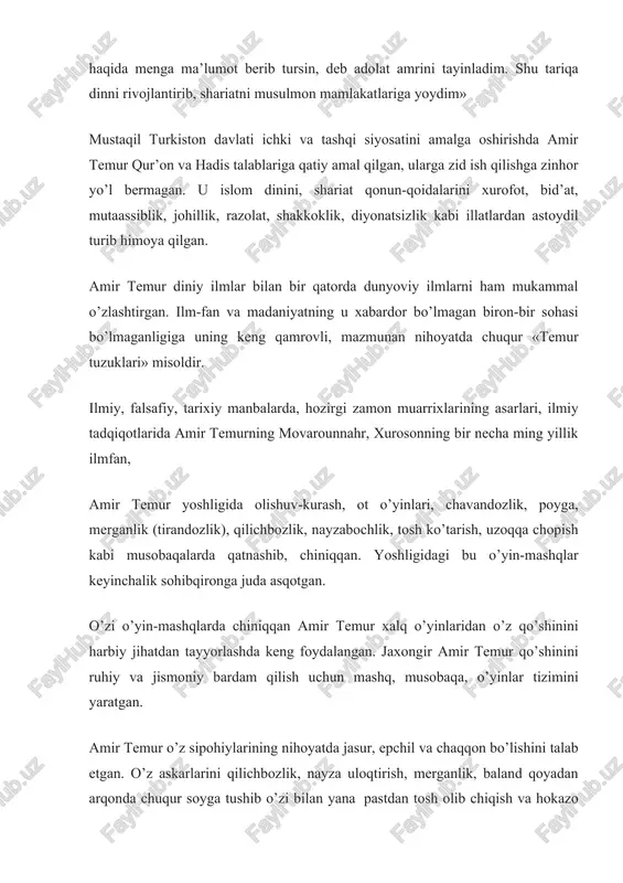 vvuf ilmi va falsafasi turganligini alohida ta’kidlashga to’g’ri keladi. tasavvuf falsafasi amir temurga turonliklarning mo’g’ul istibdodiga qarshi erk va mustaqillik uchun boshlangan harakatlarga rahnomoligi uchun g’oyaviy asos bo’lib xizmat qildi, milliy qahramonga aylanishida ma’naviy asos bo’ldi. tasavvuf mohiyatini yoshligidanoq teran his qilib, anglab etgan bobomiz yurt mustaqilligi uchun muzaffar kurashga otlangan edi. u butun umri mobaynida davrining ulug’ mutasavvuflari, pirlari bilan suhbatdosh bo’ldi, ularning pand-nasihatlari, ma’naviy yo’l-yo’riqlari va ko’maklari sharofati bilan milliy davlat asoslarini yaratdi. madaniyati, tarixi, urf-odatlari, an’analari, milliy qadriyatlarini chuqur bilganligi va astoydil hurmat qilganligi haqida aniq ma’lumotlar berilgan. u o’z vatani tarixini, ayniqsa, qadimiy turon va turkiston xalqlari davlatchiligi masalasida keng bilim va ma’lumotga ega bo’lgan. amir temur mislsiz yorqin tarixiy shaxs sifatida o’zini tarbiyalagan, o’ziga ma’naviy oziq bergan, buyuk ishlarga chorlagan el-yurtining ilmiy-falsafiy ta’limotlariga katta qiziqish bilan qaragan. ayniqsa, sharq donishmandlari – al-xorazmiy, abu nasr forobiy, abu ali ibn sino, abu rayhon beruniy singari buyuk mutafakkirlarning …