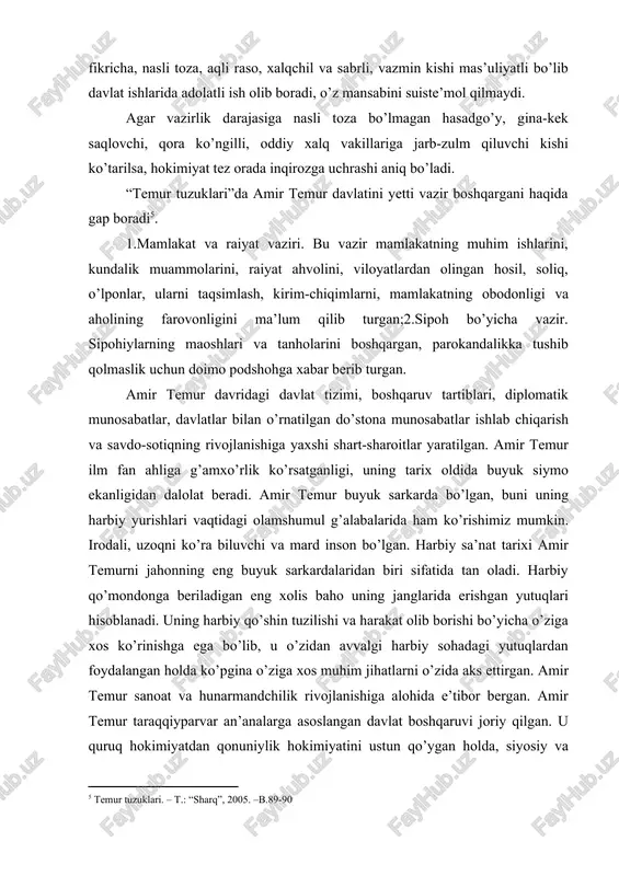 , buni uning harbiy yurishlari vaqtidagi olamshumul g’alabalarida ham ko’rishimiz mumkin. irodali, uzoqni ko’ra biluvchi va mard inson bo’lgan. harbiy sa’nat tarixi amir temurni jahonning eng buyuk sarkardalaridan biri sifatida tan oladi. harbiy qo’mondonga beriladigan eng xolis baho uning janglarida erishgan yutuqlari hisoblanadi. uning harbiy qo’shin tuzilishi va harakat olib borishi bo’yicha o’ziga xos ko’rinishga ega bo’lib, u o’zidan avvalgi harbiy sohadagi yutuqlardan foydalangan holda ko’pgina o’ziga xos muhim jihatlarni o’zida aks ettirgan. amir temur sanoat va hunarmandchilik rivojlanishiga alohida e’tibor bergan. amir temur taraqqiyparvar an’analarga asoslangan davlat boshqaruvi joriy qilgan. u quruq hokimiyatdan qonuniylik hokimiyatini ustun qo’ygan holda, siyosiy va hududiy to’qnashuvlarda ustalik bilan ish olib borgan. u o’zida har tomonlama yuksak qobiliyatlarni mujassamlashtirish bilan birga eng zamonaviy yutuqlar va ijobiy xususiyat hayotga tadbiq etishga harakat qilgan. u samarqandga olimlar, buyuk mutafakkirlar, faylasuf, tarixchi, arxitektor, rassomlar, hattotlar va boshqa sohalarning yetuk vakillarini to’plashga muyassar bo’lgan. u mamlakat iqtisodiyotini yaxshilash …