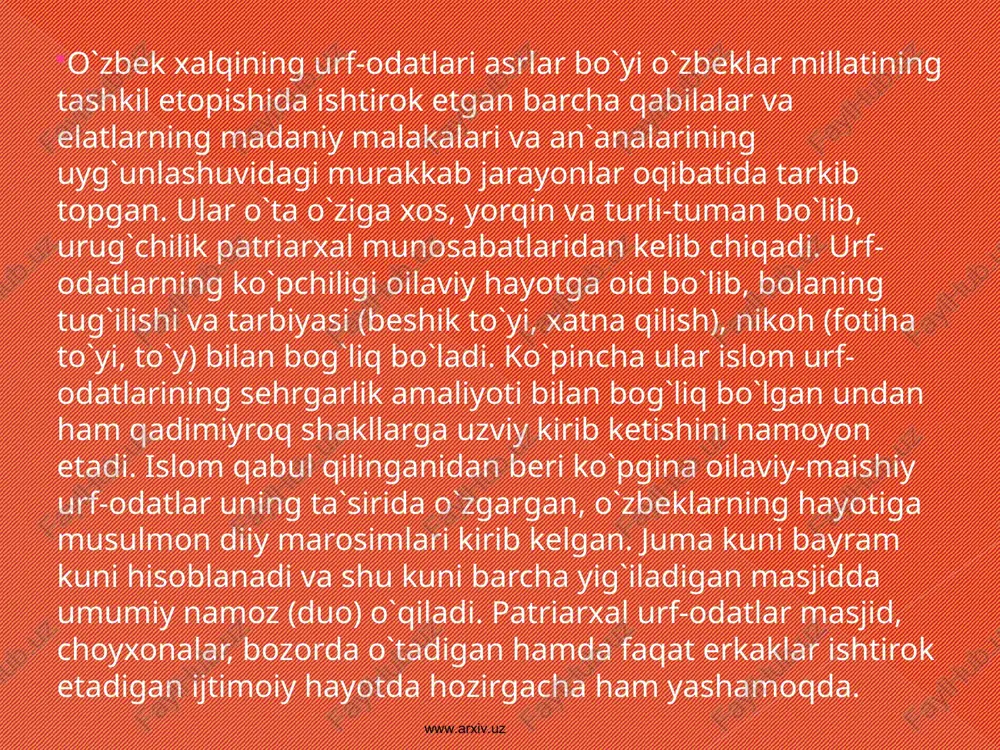 rtasiga bayram davom etadi. www.arxiv.uz www.arxiv.uz www.arxiv.uz www.arxiv.uz nikoh ota-onalarning ruxsati va duosi bilan, bir necha bosqich qilib o`tkaziladi. o`g`il voyaga yetganda ota-onasi unga mos keladigan qizni izlay boshlaydilar. bu jara1yonga yaqin qarindoshlari, qo`shnilari, oshnalari ham kirishadi. qizni topgandan keyin yigitning xolalari yoki ammalari qizning uyiga uni ko`rish, ota-onalari bilan va ehtimoliy kelinning uydagi ahvoli bilan tanishish uchun biror bahona bilan kiradilar. shundan so`ng qo`shnilari va tanishlari tanlangan qizning oilasi haqida surishtiradi. ijobiy javob olingan holda uyga sovchilar yuboriladi. sovchilikning asosiy marosimlaridan biri fotiha to`yidir. sovchilar fotiha qilinadigan kunni belgilaydilar. shu kuni qizning uyida atrofdagi taniqli oqsoqolar, mahalla oqsoqoli, qizlar yig`iladi. sovchilar o`zining kelish maqsadini bayon etganlaridan keyin «non sindirish» marosimi boshlanadi. shu paytdan boshlab yoshlar bir-biri bilan bog`langan, fotiha qilingan deb hisoblanadi. www.arxiv.uz www.arxiv.uz www.arxiv.uz www.arxiv.uz fotiha to`yi nikoh tuziladigan va to`y o`tkaziladigan kunni tayinlash bilan tugaydi. sovchilardan har biriga ichita ikkita non, shirinliklar bo`lgan dasturxon beriladi, shuningdek qiz …