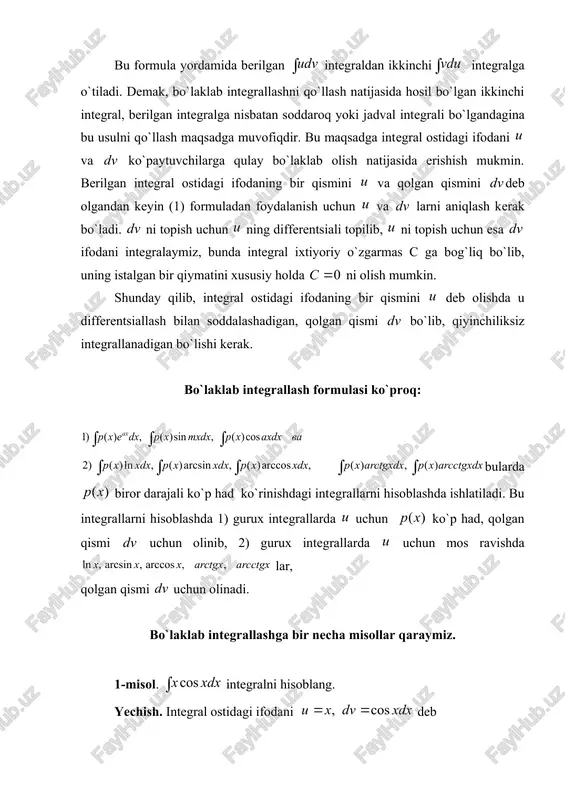 hegaralari -1 va 1 dan iborat bo`lgan quyidagi aniq integralni hisoblaymiz: 3) uzluksiz funksiya grafigi kesmada o`qini chekli sondagi nuqtalarda kesib o`tsin. u holda, kesma funksiyaning ishorasi almashinishiga asoslanib, bir xil ishorali qismlari alohida –alohida kesmachalarga ajratiladi, ya`ni , , va . u holda izlangan yuza hosil bo`lgan y yuzachalarning algebraik yig`indisidan iborat bo`ladi. bunda qism + + funksiyalarning ishoralari e`tiborda 0 a - c d - e b x bo`ladi. izlanayotgan yuza quyidagi integrallarning algebraik yiqindilari yordamida topiladi: (3) misol: embed equation.3 va chiziqlar bilan chegaralangan figuraning yuzini y hisoblang. yechilishi: berilganlarga hamda chizmalarga asosan barcha lar 0 x uchun va barcha lar uchun dir. u holda, (3) formulaga asosa: 4) agar figura kesmada ikkita uzluksiz va funksiyalar, hamda to`g`ri chiziqlar bilan chegaralangan bo`lsa, uning yuzi quyidagi formula yordamida hisoblanadi: (4) bunda va dir. y misol: va chiziqlar bilan chegaralangan figuraning yuzini toping. yechilishi: integrallash chegaralarini, ya`ni va ni …